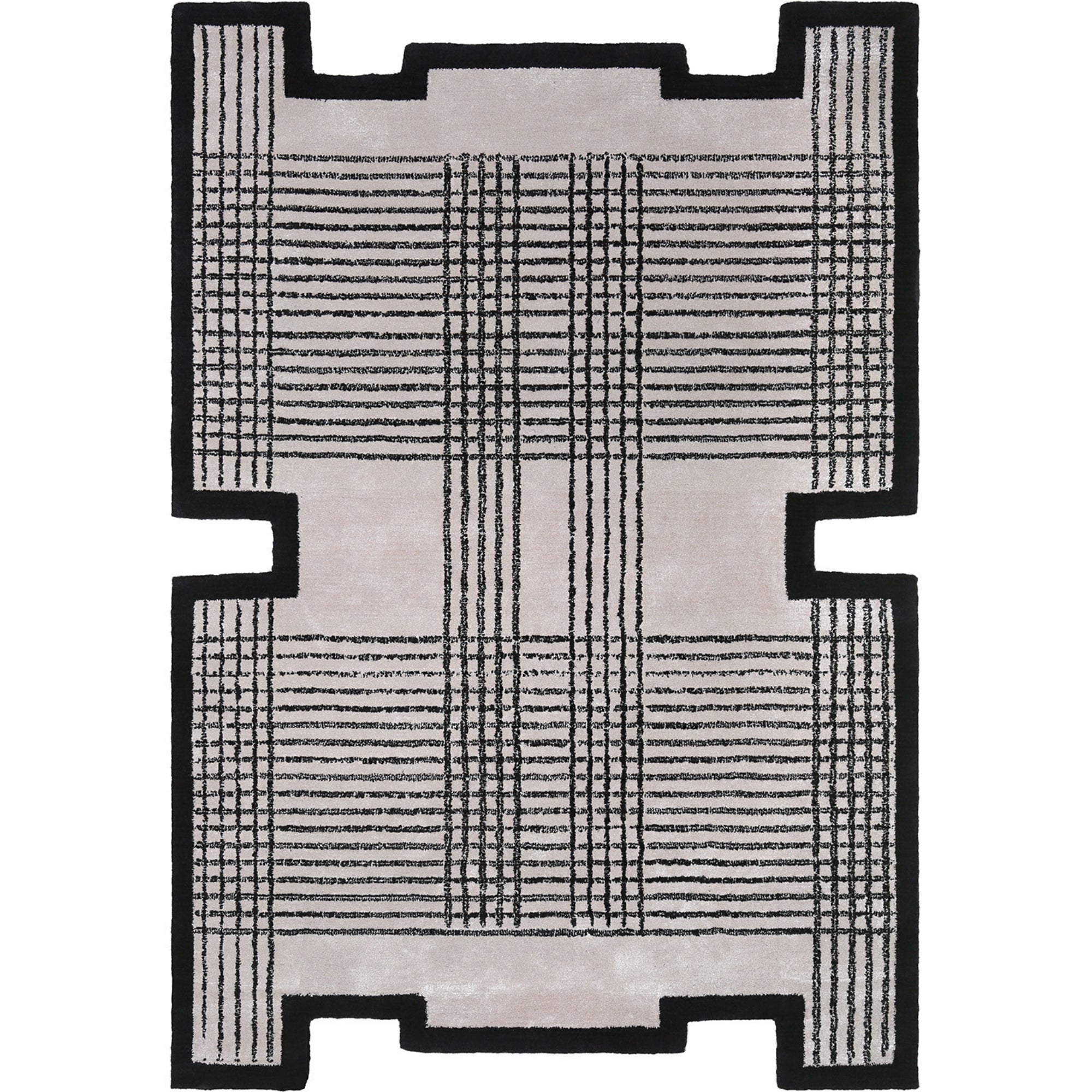 Handmade Wool Rug Tuft Weaving, Sustainable Contemporary Carpet, Black Lines, Irregular Shape, Custom Made On-Demand in Turkiye_ETUGENE_Karre-002-K-D-7