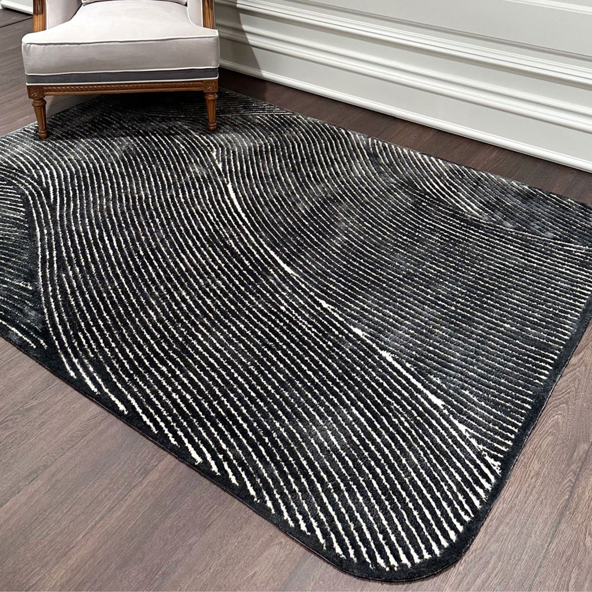 Handmade Wool Rug Tuft Weaving, Sustainable Contemporary Carpet, Black & White Curves, Rectangular Shape, Custom Made On-Demand in Turkiye_ETUGENE_Trace-005-A-Home