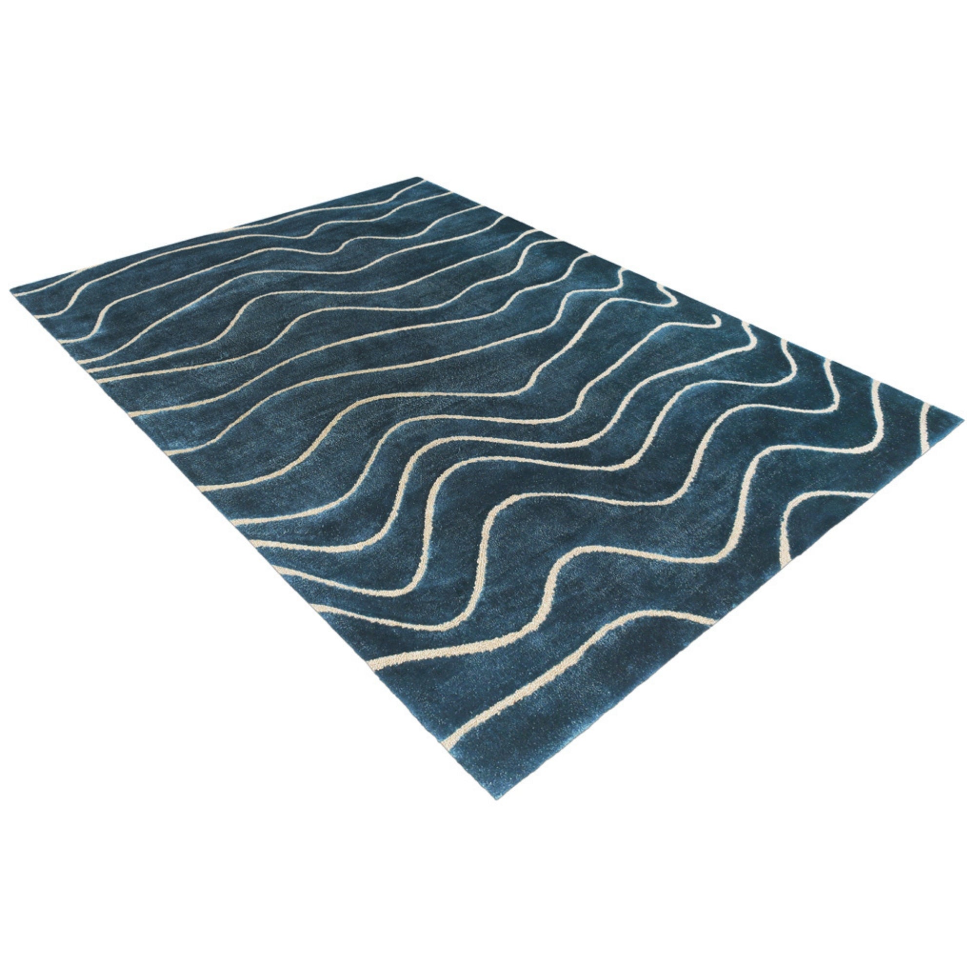Handmade Wool Rug Tuft Weaving, Sustainable Contemporary Carpet, Blue Wave Design, Rectangular Shape, Custom Made On-Demand in Turkiye_ETUGENE_Shinny-003-T-Horizontal