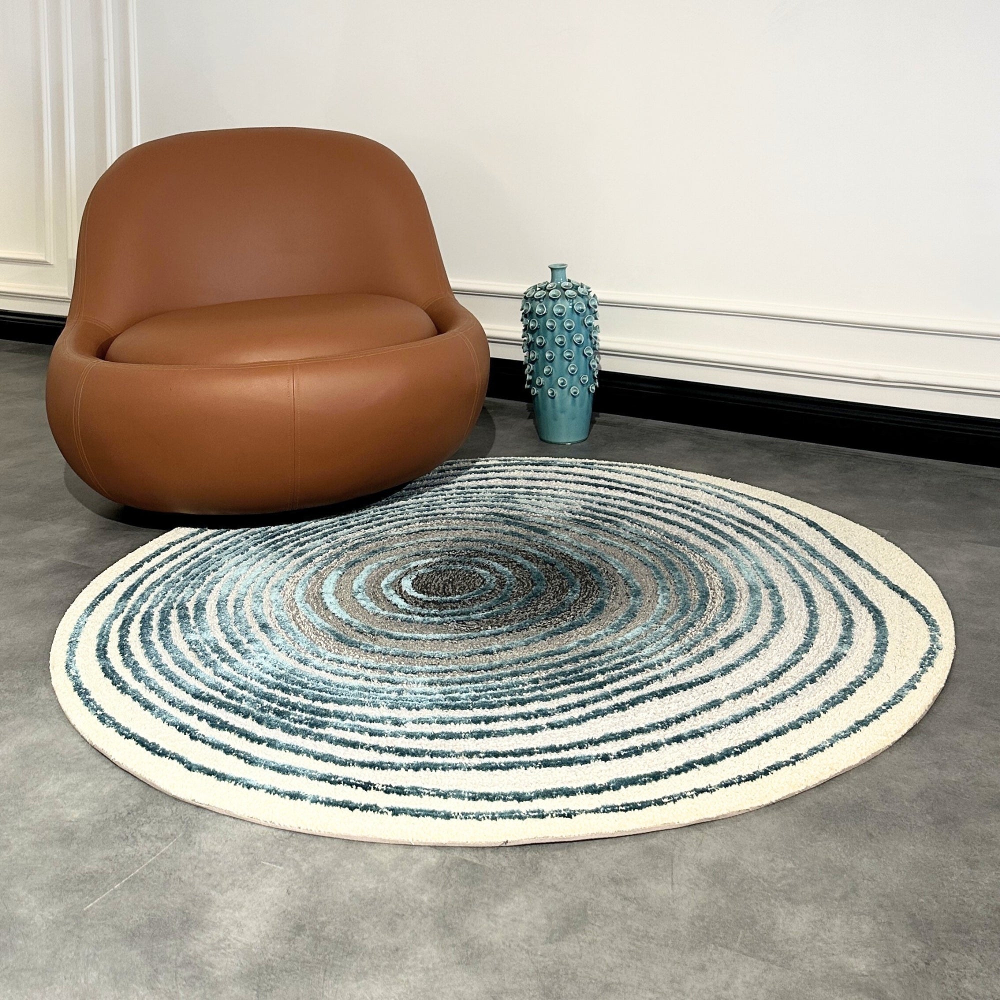Handmade Wool Rug Tuft Weaving, Sustainable Contemporary Carpet, Bold Blue Rings, Round Shape, Custom Made On-Demand in Turkiye_ETUGENE_Helix-001-J-Home