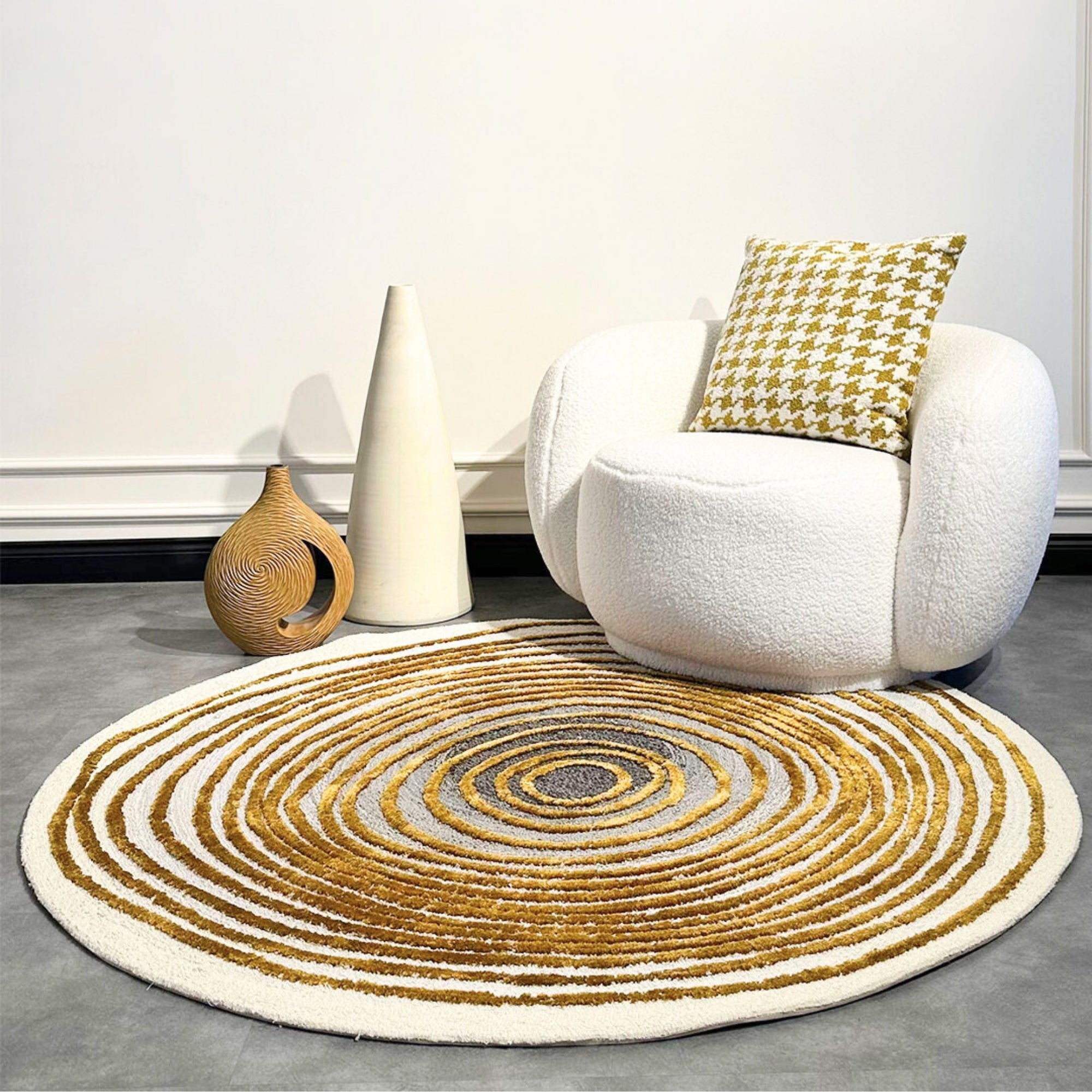 Handmade Wool Rug Tuft Weaving, Sustainable Contemporary Carpet, Bold Rings, Round Shape, Custom Made On-Demand in Turkiye_ETUGENE_Helix-001-F-Home