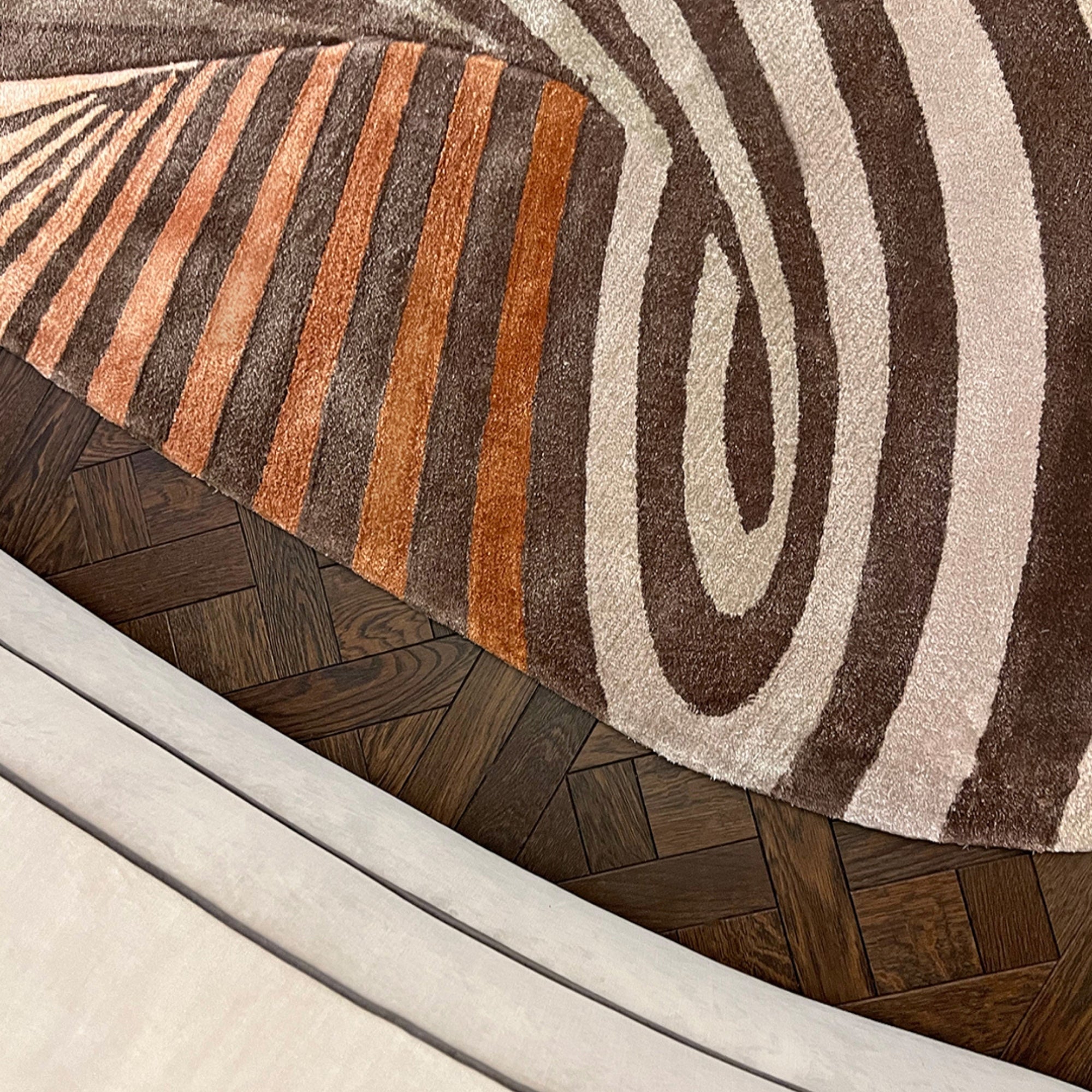 Handmade Wool Rug Tuft Weaving, Sustainable Contemporary Carpet, Brown Beige Swirl Design, Irregular Shape, Custom Made On-Demand in Turkiye_ETUGENE_Weave-002-N-Floor