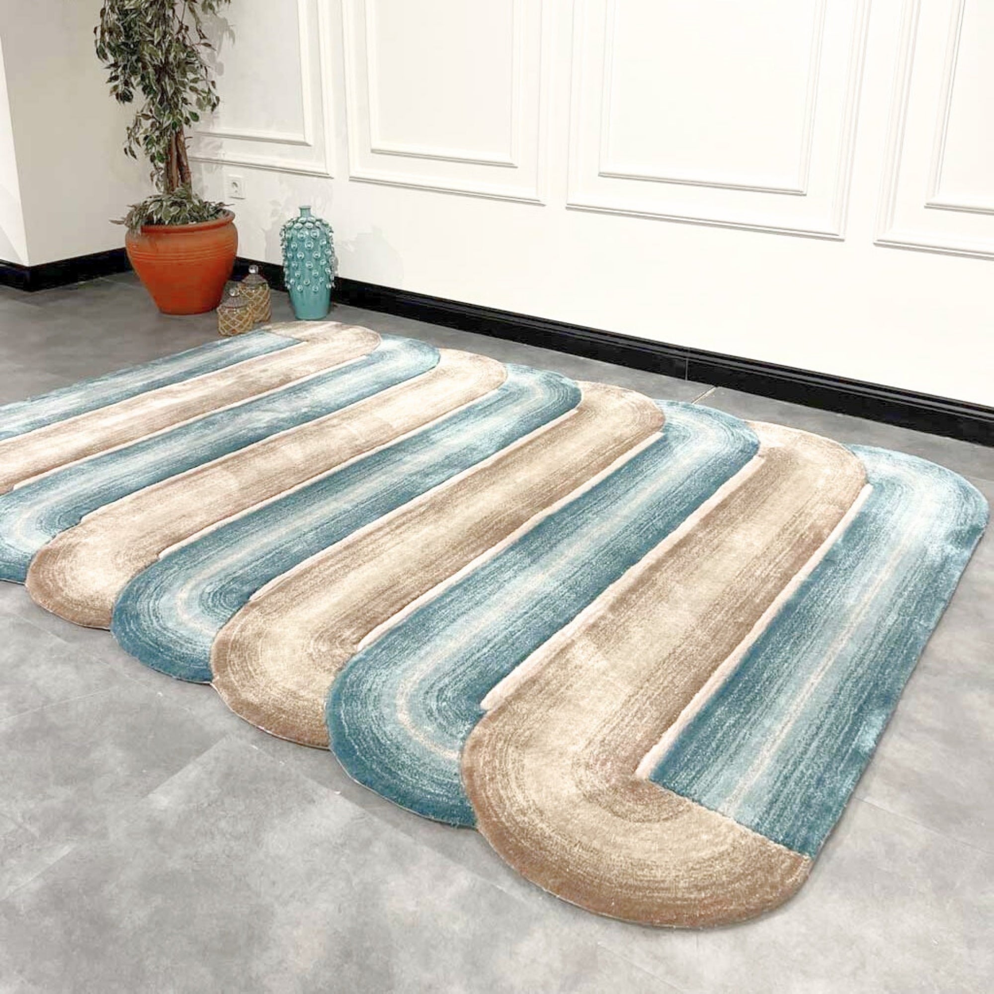 Handmade Wool Rug Tuft Weaving, Sustainable Contemporary Carpet, Brown & Green Bands, Irregular Shape, Custom Made On-Demand in Turkiye_ETUGENE_Geo-006-D-Home