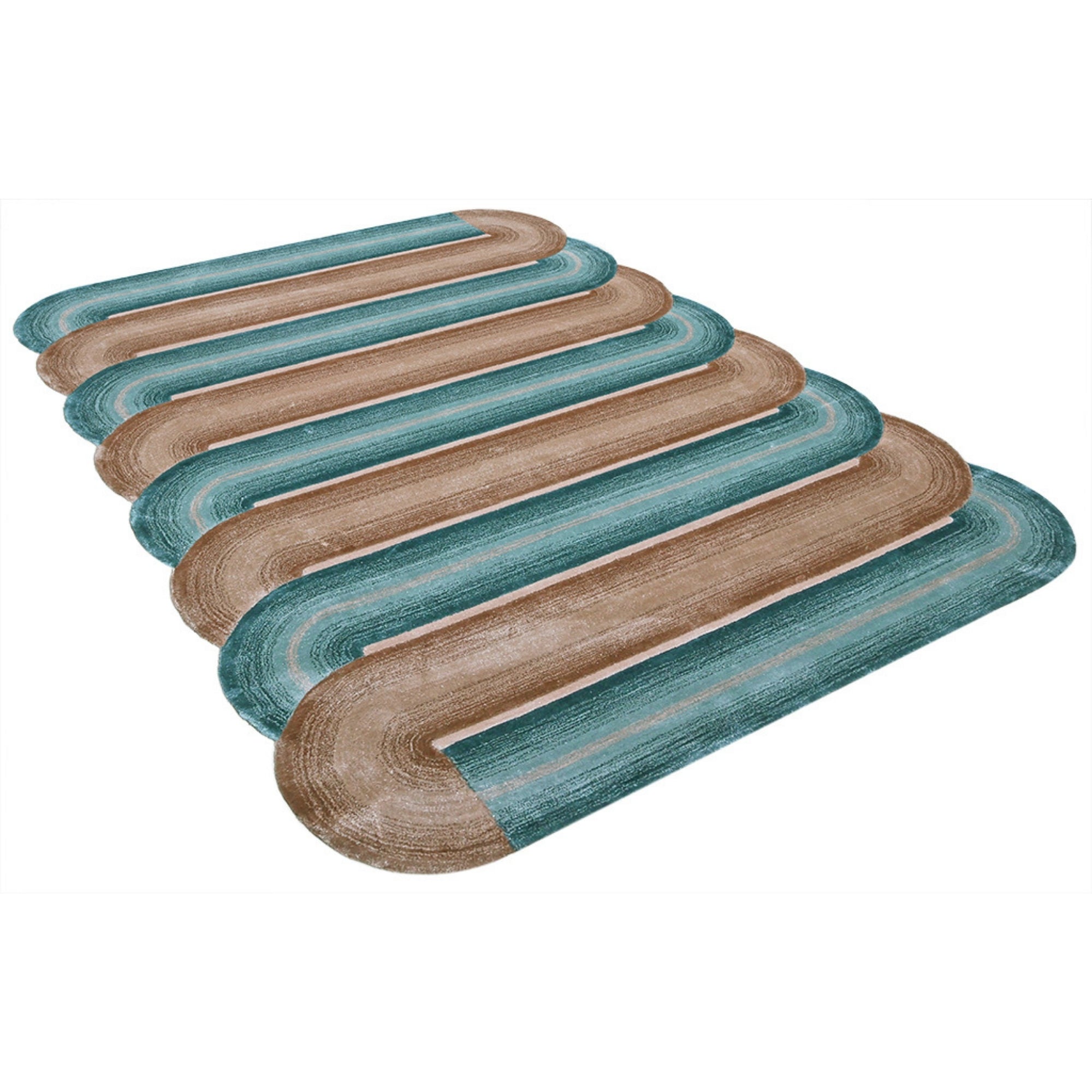 Handmade Wool Rug Tuft Weaving, Sustainable Contemporary Carpet, Brown & Green Bands, Irregular Shape, Custom Made On-Demand in Turkiye_ETUGENE_Geo-006-D-Horizontal