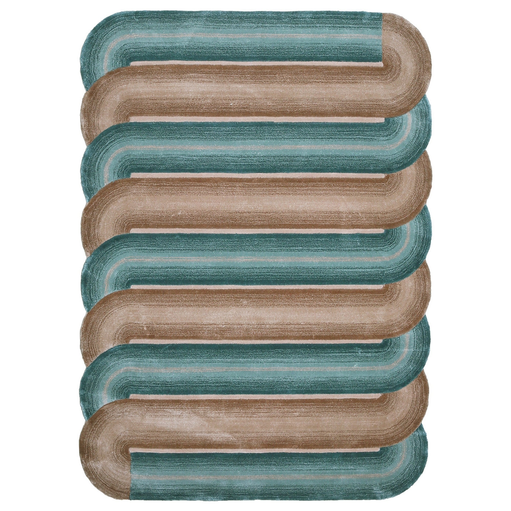 Handmade Wool Rug Tuft Weaving, Sustainable Contemporary Carpet, Brown & Green Bands, Irregular Shape, Custom Made On-Demand in Turkiye_ETUGENE_Geo-006-D