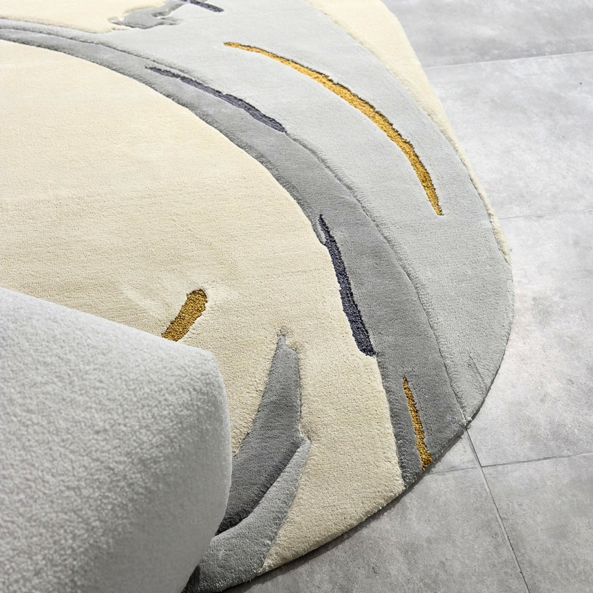 Handmade Wool Rug Tuft Weaving, Sustainable Contemporary Carpet, Yellow Grey Minimalist Design, Oval Shape, Custom Made On-Demand in Turkiye_ETUGENE_Ovoid-002-F-Floor