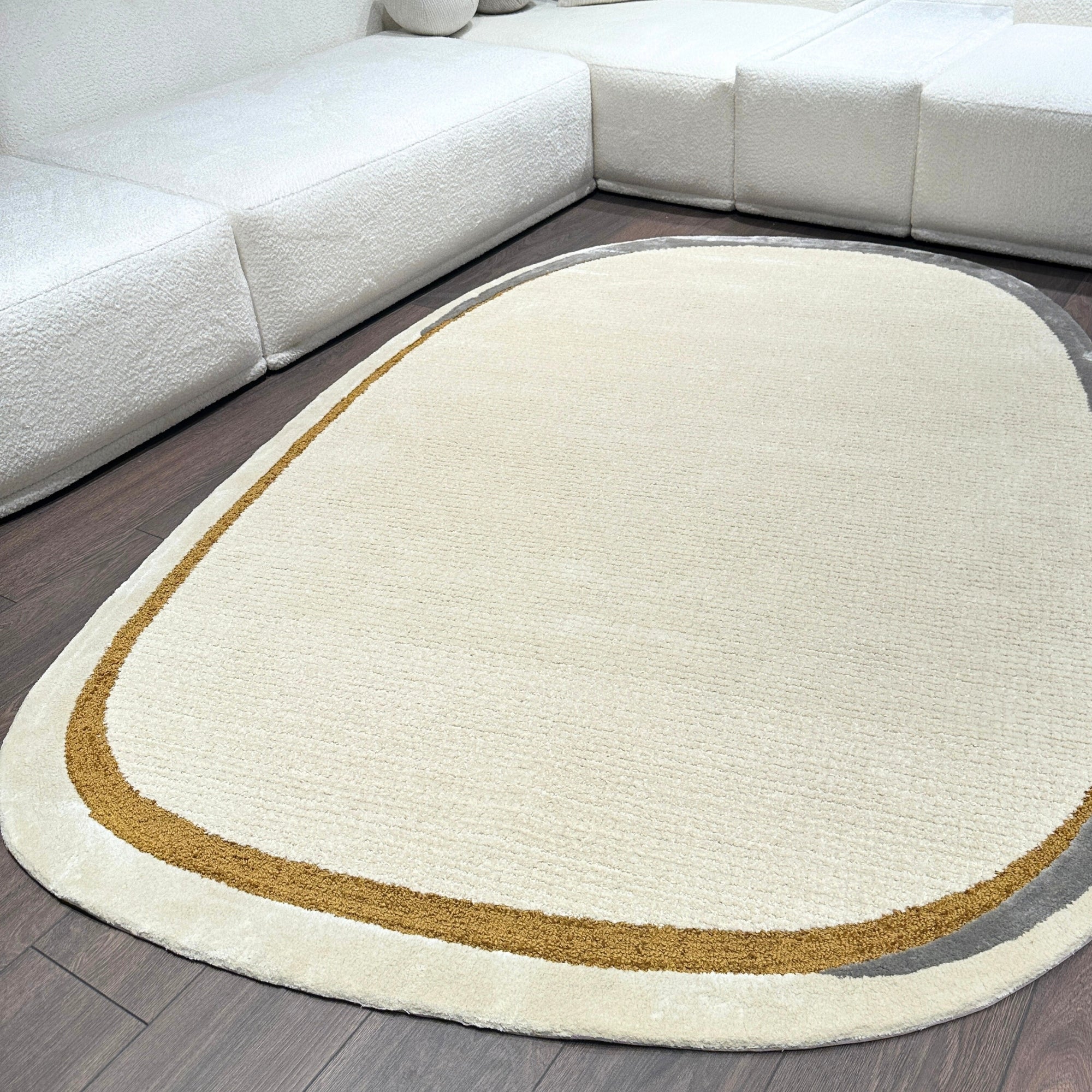 Handmade Wool Rug Tuft Weaving, Sustainable Contemporary Carpet, Yellow Minimalist Design, Oval Shape, Custom Made On-Demand in Turkiye_ETUGENE_Ovoid-005-F-Home