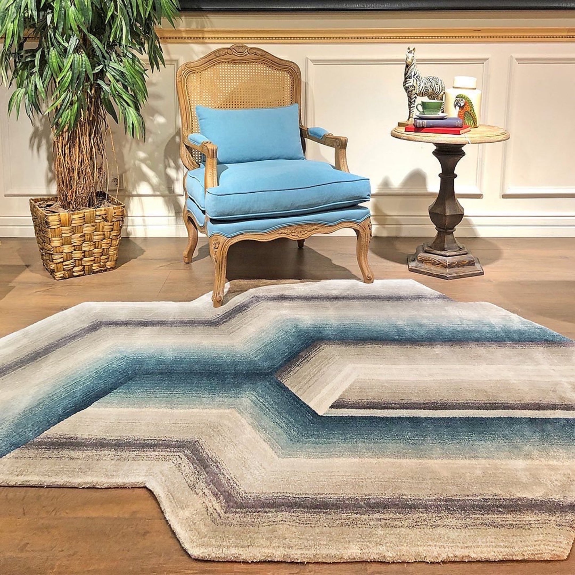 Handmade Wool Rug Tuft Weaving, Sustainable Contemporary Design Carpet, Blue, Black, Grey Colors, Irregular Shape, Custom Made On-Demand in Turkiye_ETUGENE_Cascade-001-J-LivingRoom