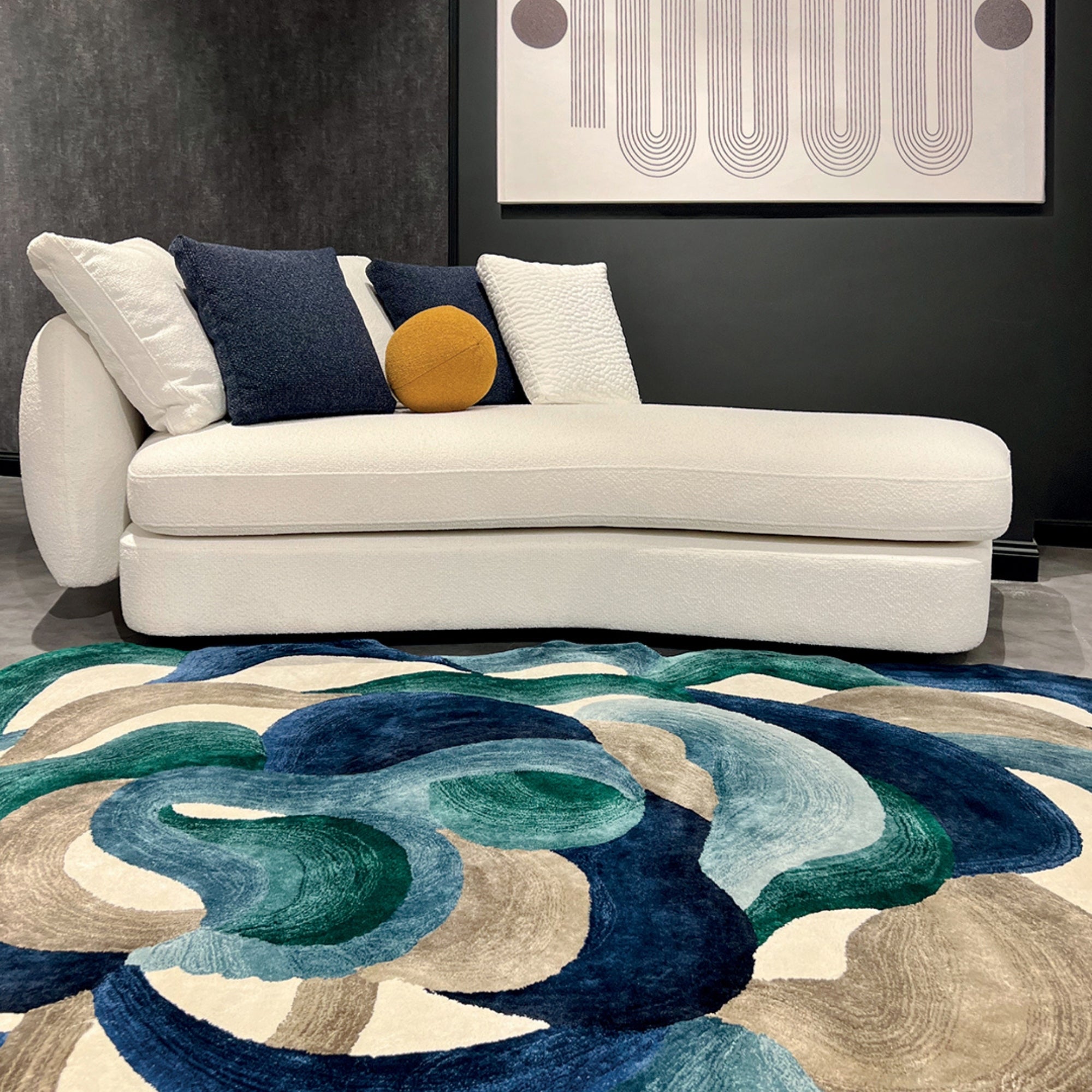 Handmade Wool Rug Tuft Weaving, Sustainable Contemporary Design Carpet, Blue Brown Green White Colors, Irregular Shape, Custom Made On-Demand in Turkiye_ETUGENE_Cell-001-V-Home