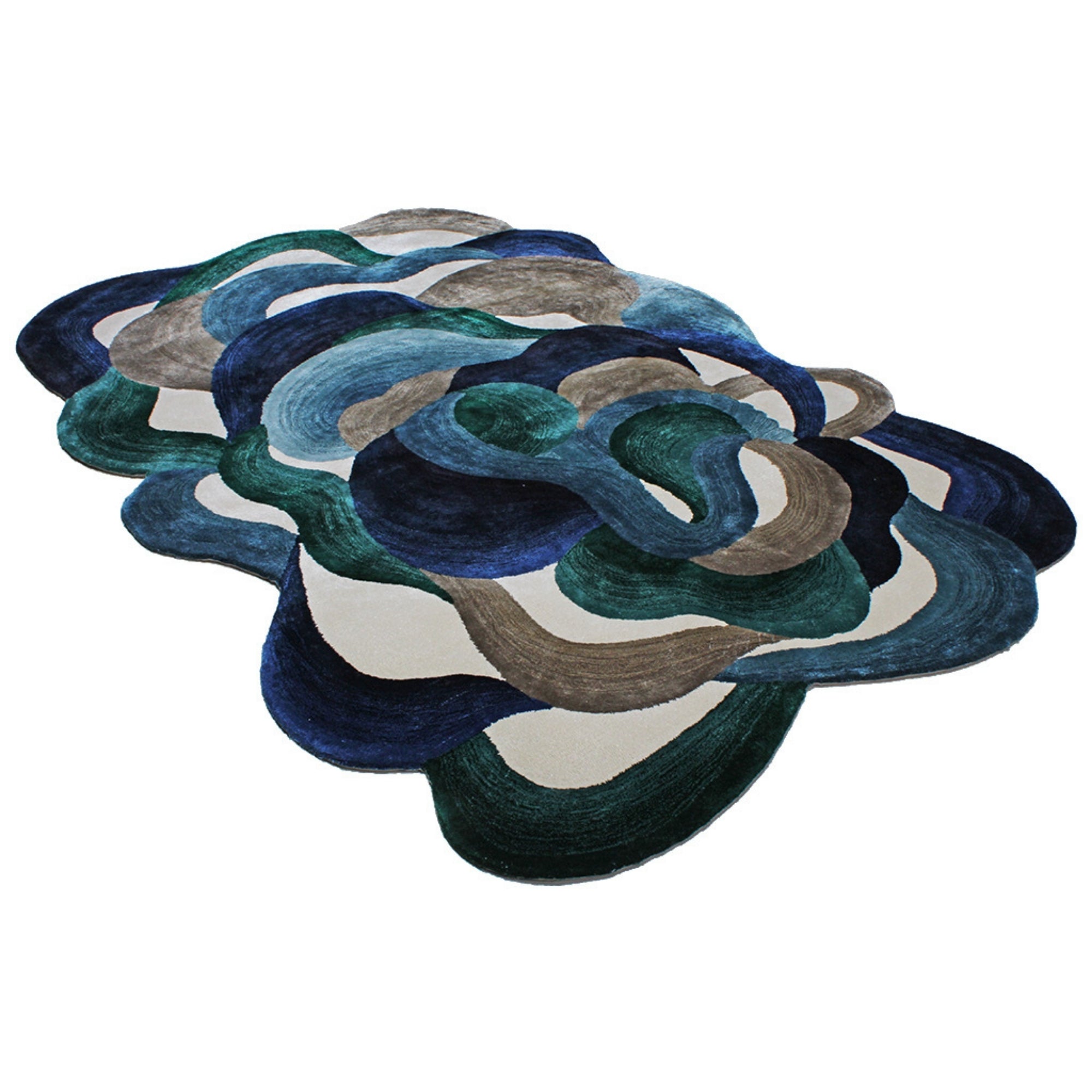 Handmade Wool Rug Tuft Weaving, Sustainable Contemporary Design Carpet, Blue Brown Green White Colors, Irregular Shape, Custom Made On-Demand in Turkiye_ETUGENE_Cell-001-V-Horizontal