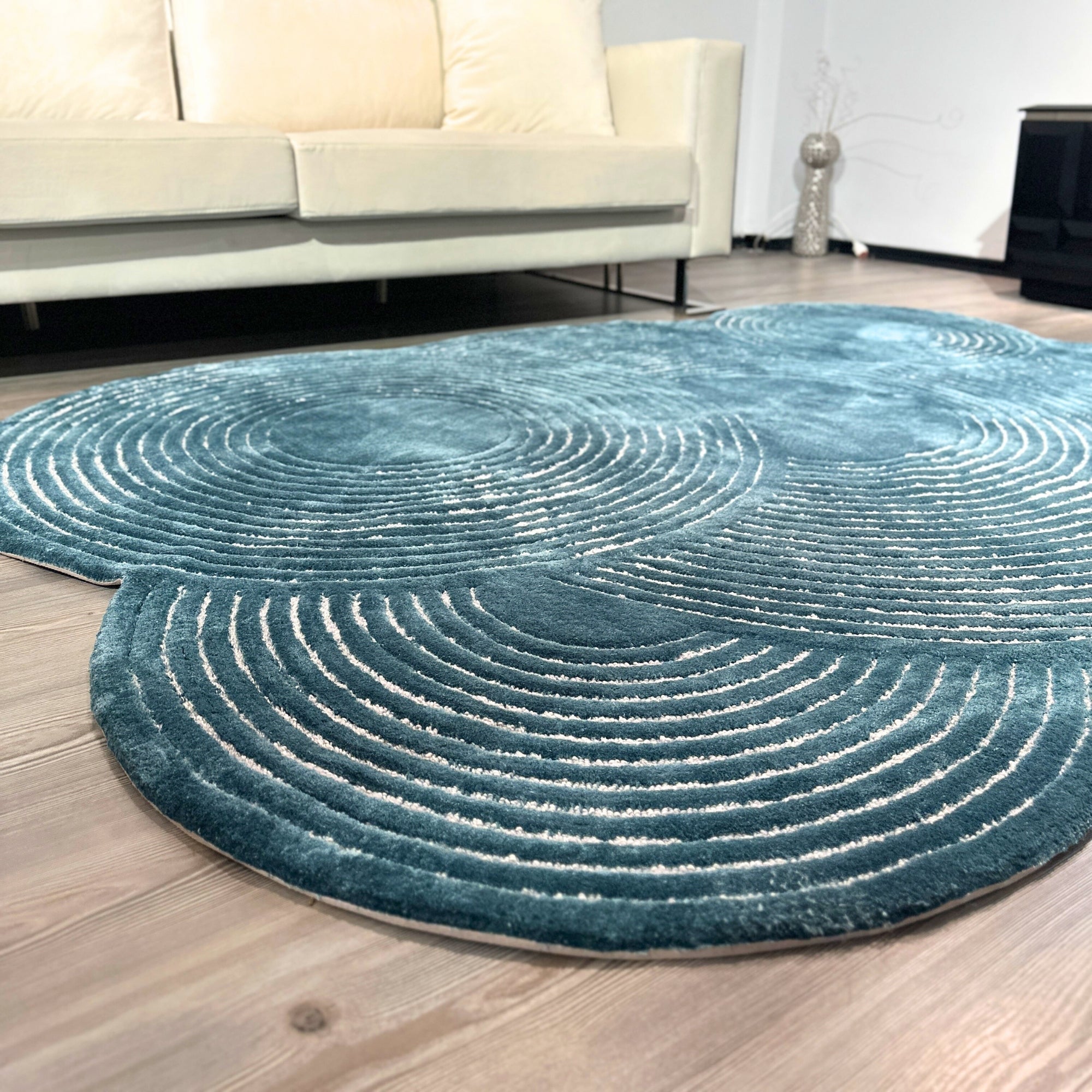 Handmade Wool Rug Tuft Weaving, Sustainable Contemporary Design Carpet, Blue Circles, Irregular Shape, Custom Made On-Demand in Turkiye_ETUGENE_Trace-006-J-Home