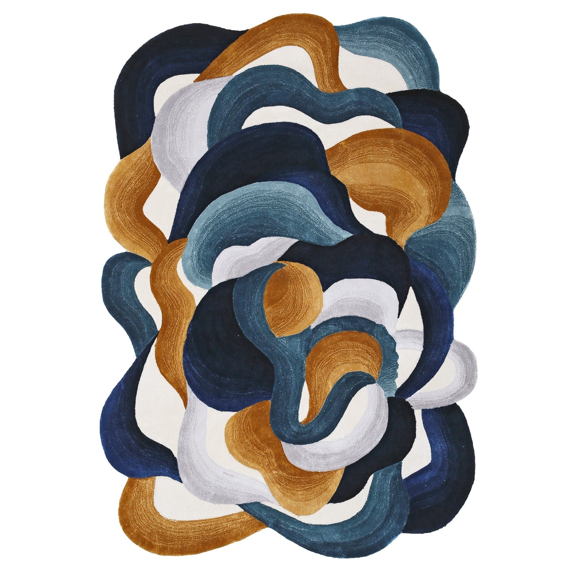 Handmade Wool Rug Tuft Weaving, Sustainable Contemporary Design Carpet, Blue Gold Grey White Colors, Irregular Shape, Custom Made On-Demand in Turkiye_ETUGENE_Cell-001-Y