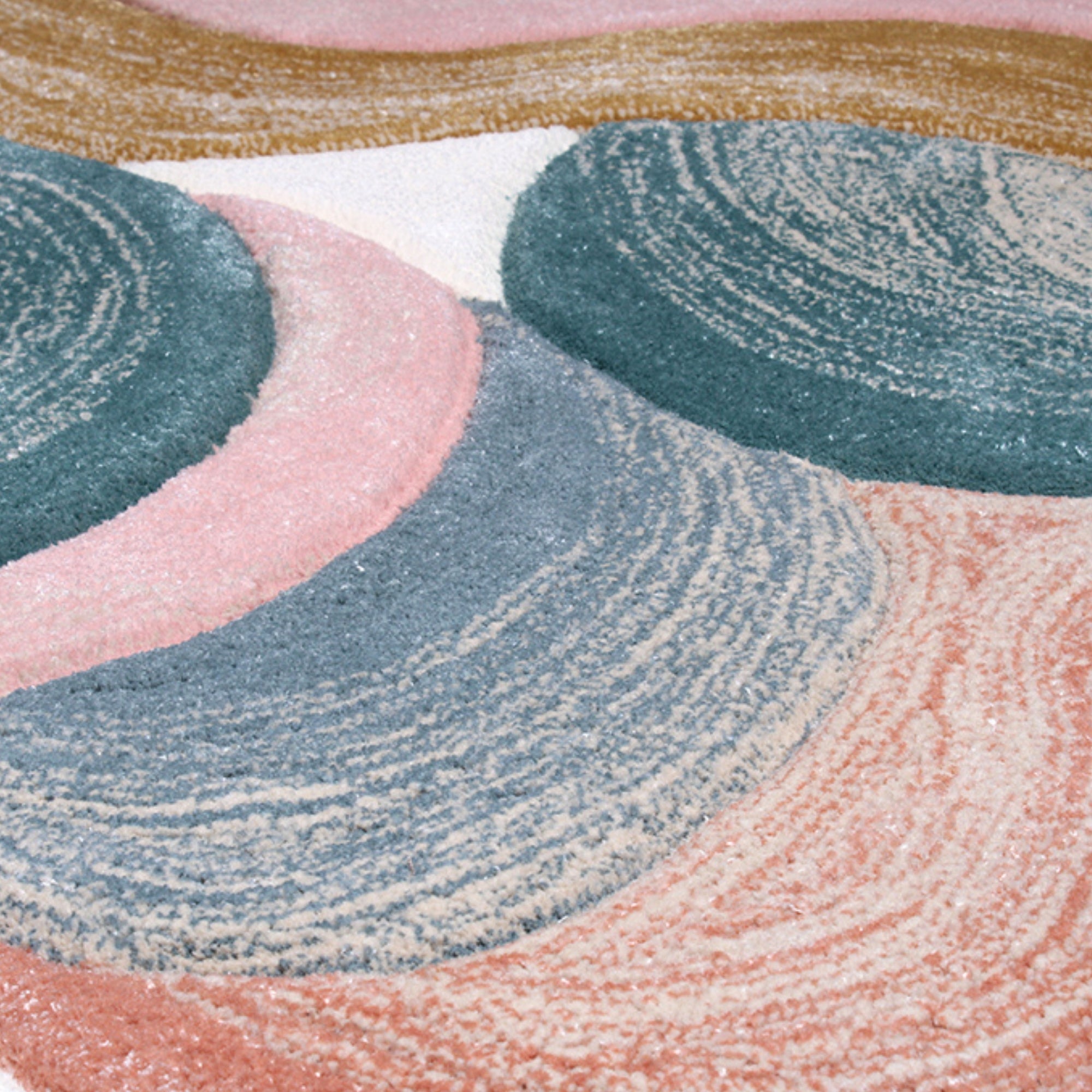 Handmade Wool Rug Tuft Weaving, Sustainable Contemporary Design Carpet, Blue Gold White Pink Colors, Irregular Shape, Custom Made On-Demand in Turkiye_ETUGENE_Cell-001-MX-Details