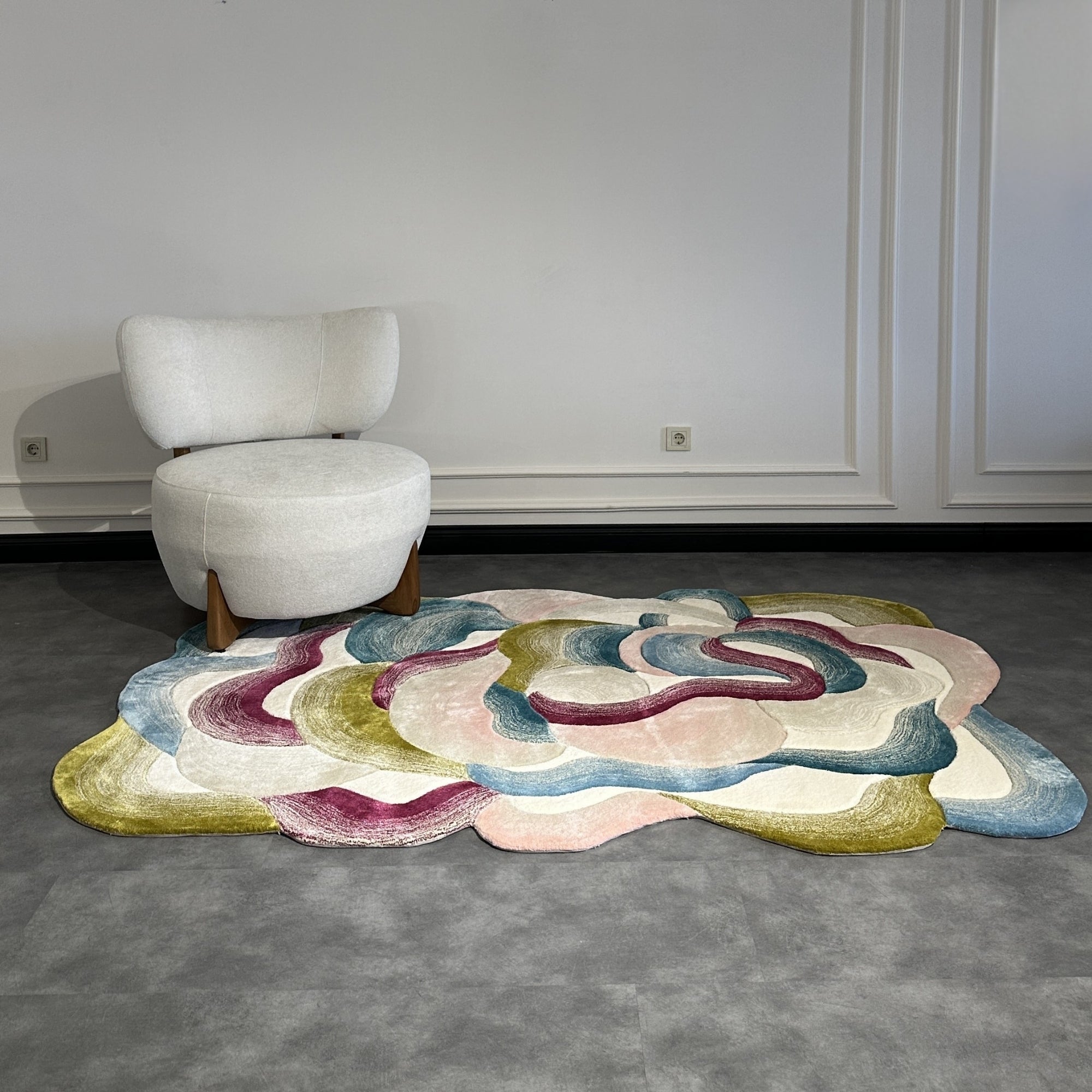 Handmade Wool Rug Tuft Weaving, Sustainable Contemporary Design Carpet, Blue Gold White Pink Grey Colors, Irregular Shape, Custom Made On-Demand in Turkiye_ETUGENE_Cell-001-OX-Home