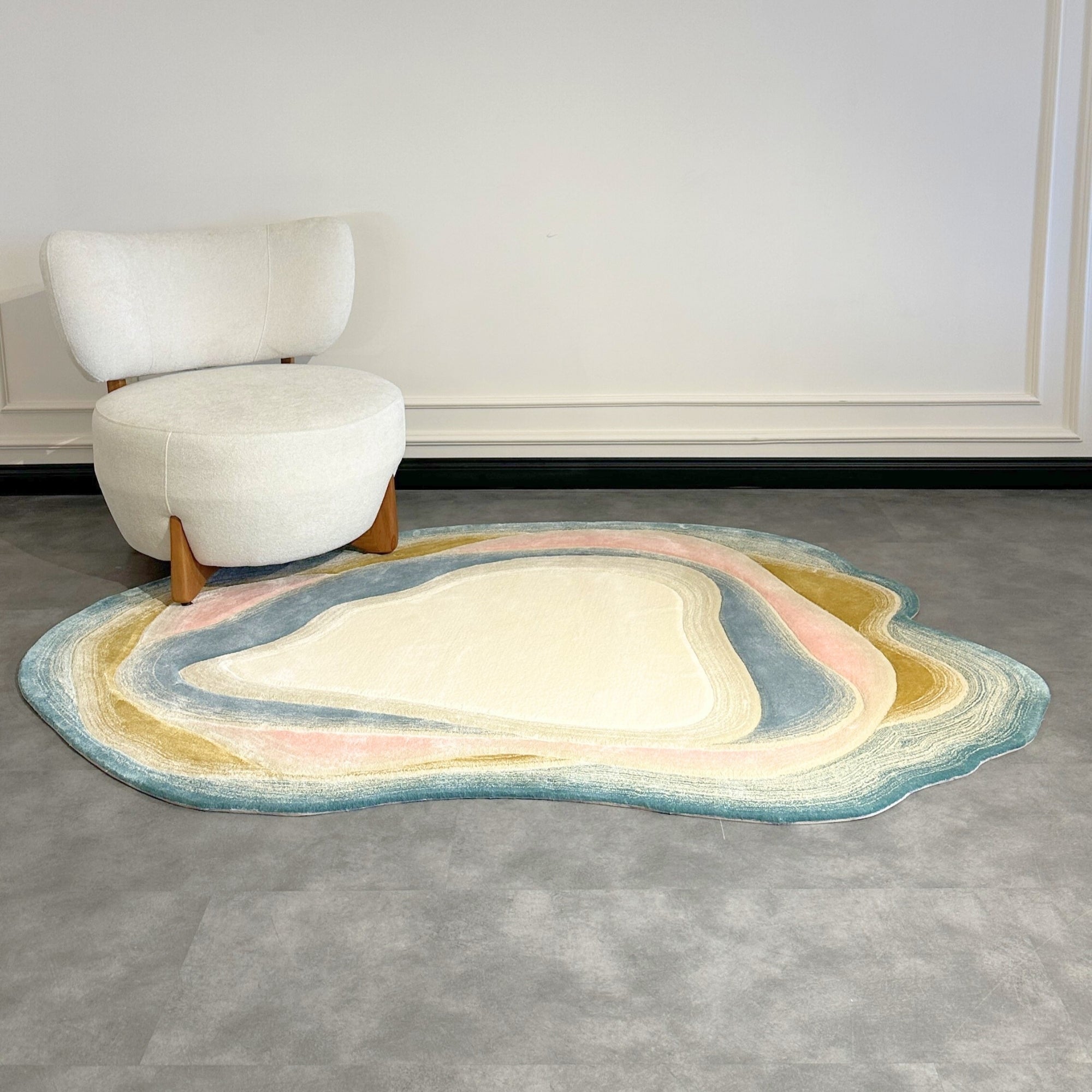 Handmade Wool Rug Tuft Weaving, Sustainable Contemporary Design Carpet, Blue Pink Layered Round Shapes, Irregular Shape, Custom Made On-Demand in Turkiye_ETUGENE_Lava-001-MX-Home