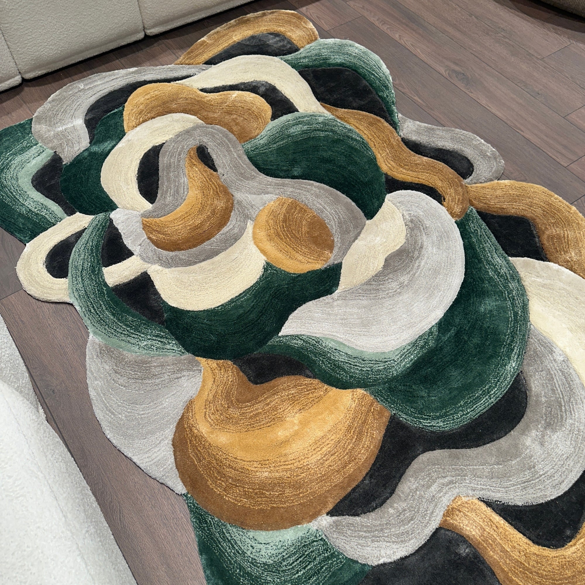 Handmade Wool Rug Tuft Weaving, Sustainable Contemporary Design Carpet, Green Gold Black Grey Colors, Irregular Shape, Custom Made On-Demand in Turkiye_ETUGENE_Cell-001-GR-Home