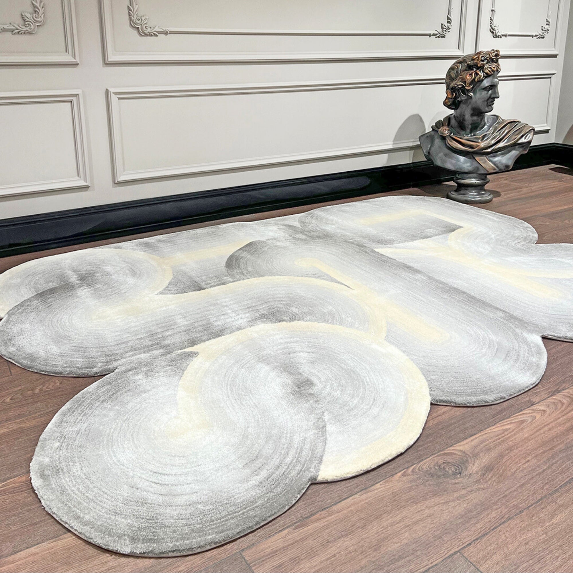 Handmade Wool Rug Tuft Weaving, Sustainable Contemporary Design Carpet, Grey Rounded Shapes, Irregular Shape, Custom Made On-Demand in Turkiye_ETUGENE_Geo-007-T-Home