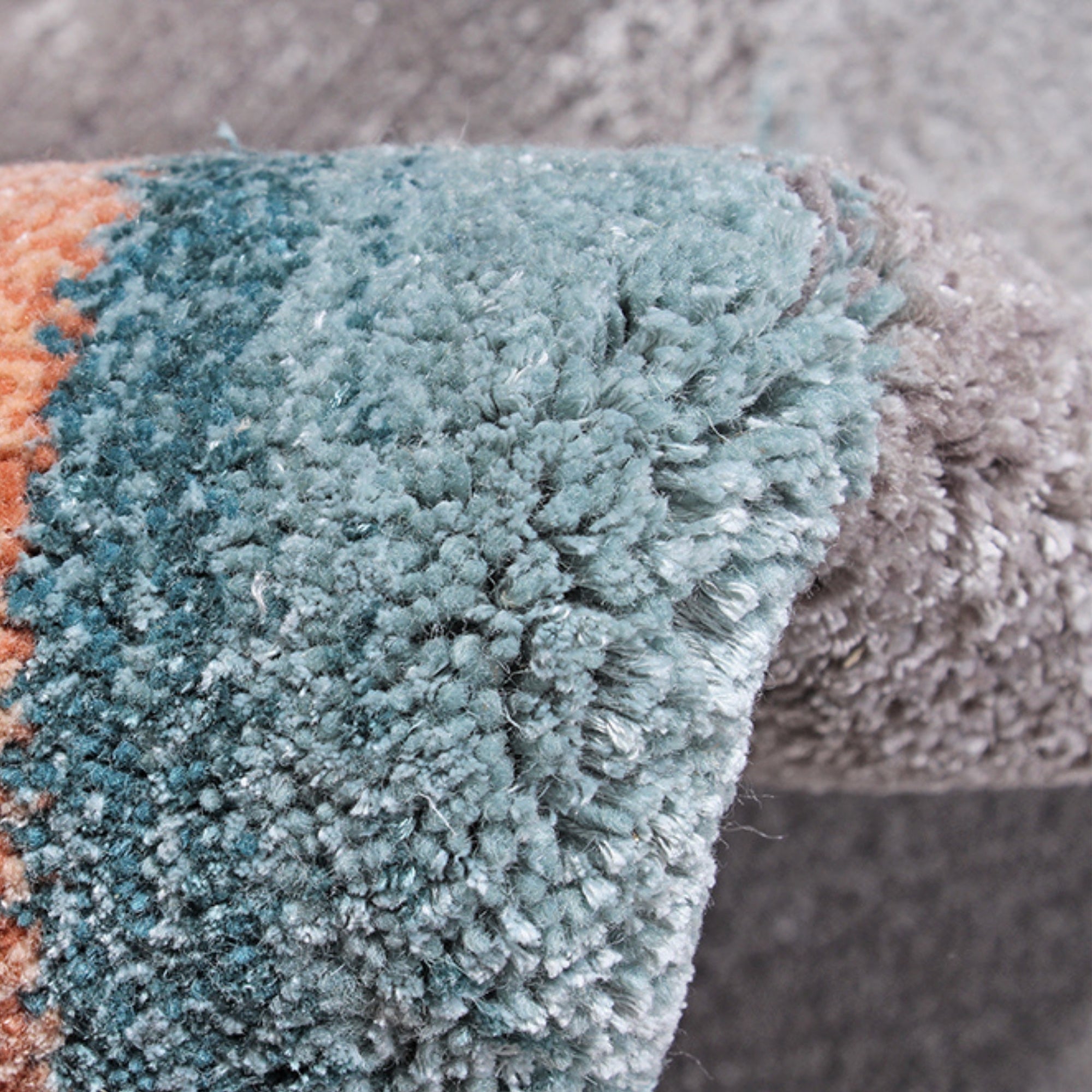 Handmade Wool Rug Tuft Weaving, Sustainable Contemporary Design Carpet, Salmon Orange Grey Blue Colors, Irregular Shape, Custom Made On-Demand in Turkiye_ETUGENE_Circle-005-N-Tuft