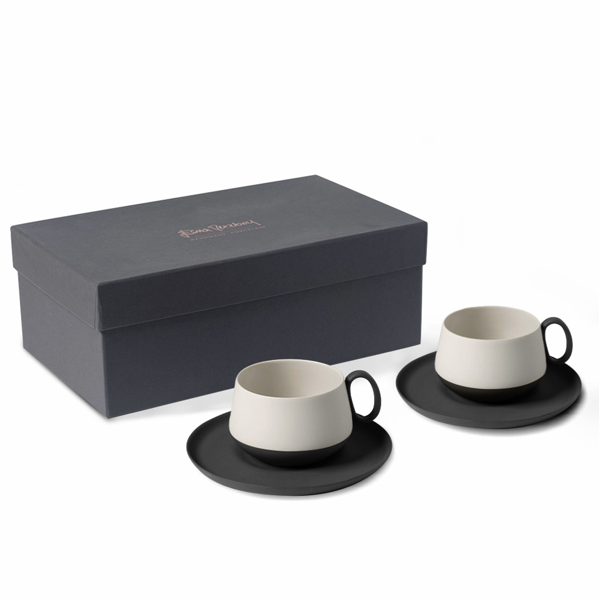 Tube-Tea-Cup-With-Saucer-Set-Of-2-Black-Ivory-Porcelain-Handmade-ETUGENE