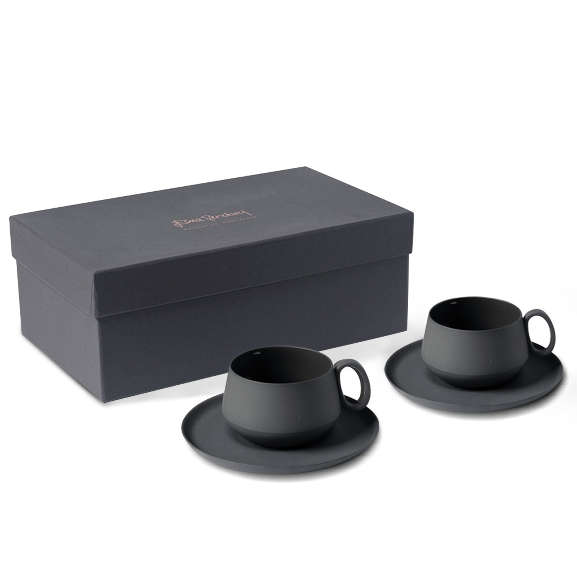 Tube-Tea-Cup-With-Saucer-Set-Of-2-Black-Porcelain-Handmade-ETUGENE