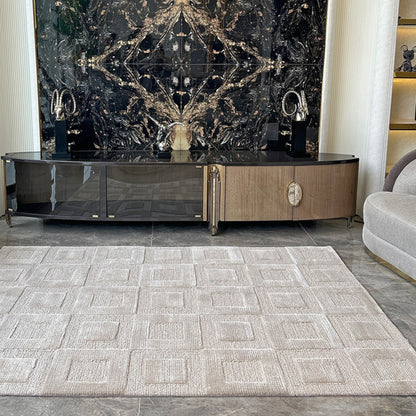 Handmade Wool Rug Tuft Weaving, Sustainable Contemporary Carpet, Beige Square Design, Rectangular Shape, Custom Made On-Demand in Turkiye_ETUGENE_Karre-001-D-D6-Home