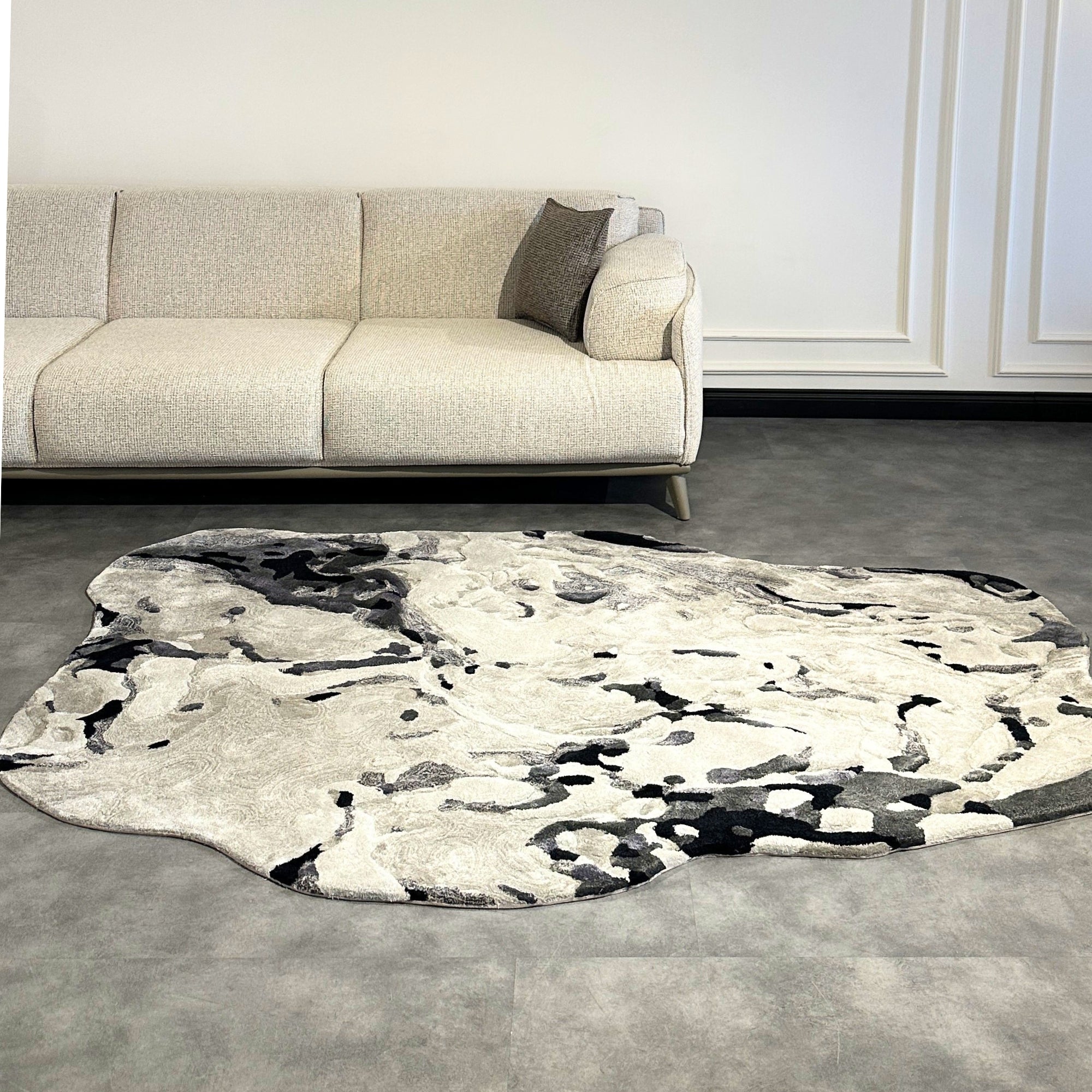 Handmade Wool Rug Tuft Weaving, Sustainable Contemporary Carpet, Black Rock Shape, Irregular Shape, Custom Made On-Demand in Turkiye_ETUGENE_Rock-001-A-Home
