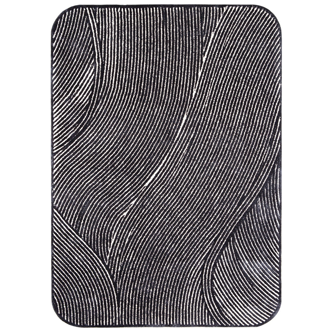 Handmade Wool Rug Tuft Weaving, Sustainable Contemporary Carpet, Black &amp; White Curves, Rectangular Shape, Custom Made On-Demand in Turkiye_ETUGENE_Trace-005-A