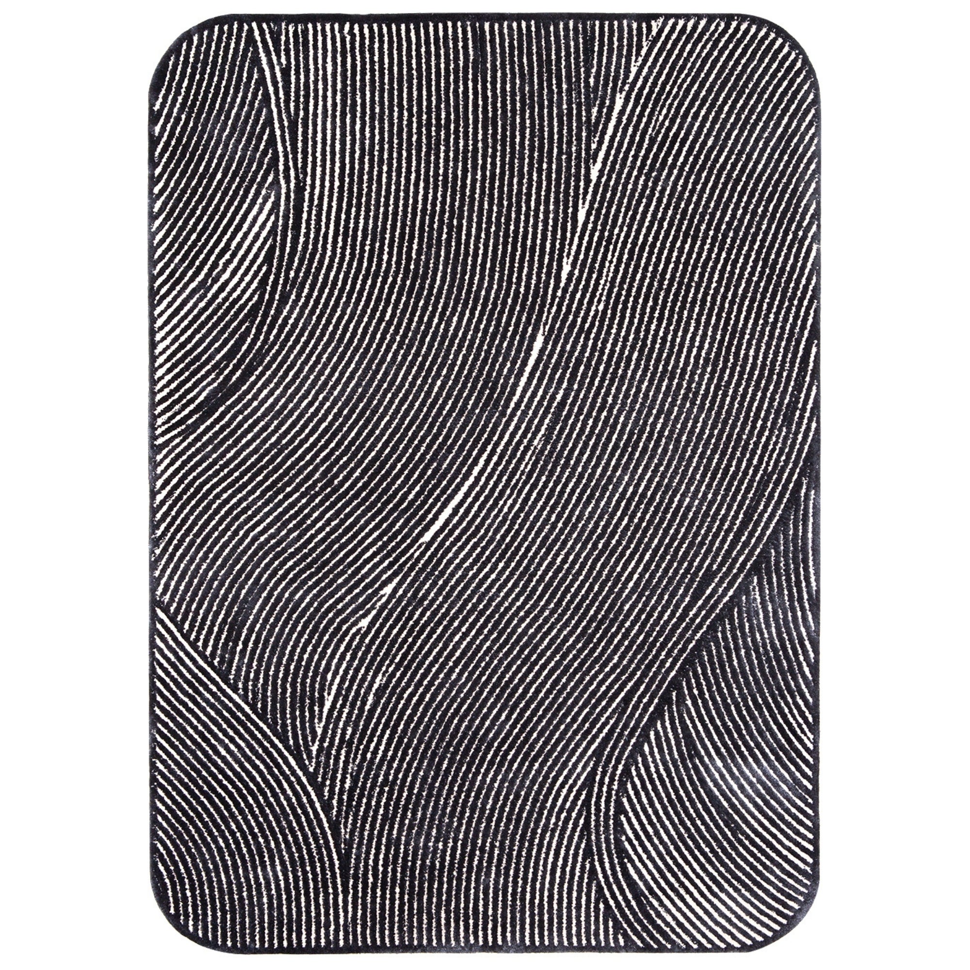 Handmade Wool Rug Tuft Weaving, Sustainable Contemporary Carpet, Black &amp; White Curves, Rectangular Shape, Custom Made On-Demand in Turkiye_ETUGENE_Trace-005-A