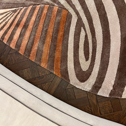 Handmade Wool Rug Tuft Weaving, Sustainable Contemporary Carpet, Brown Beige Swirl Design, Irregular Shape, Custom Made On-Demand in Turkiye_ETUGENE_Weave-002-N-Floor