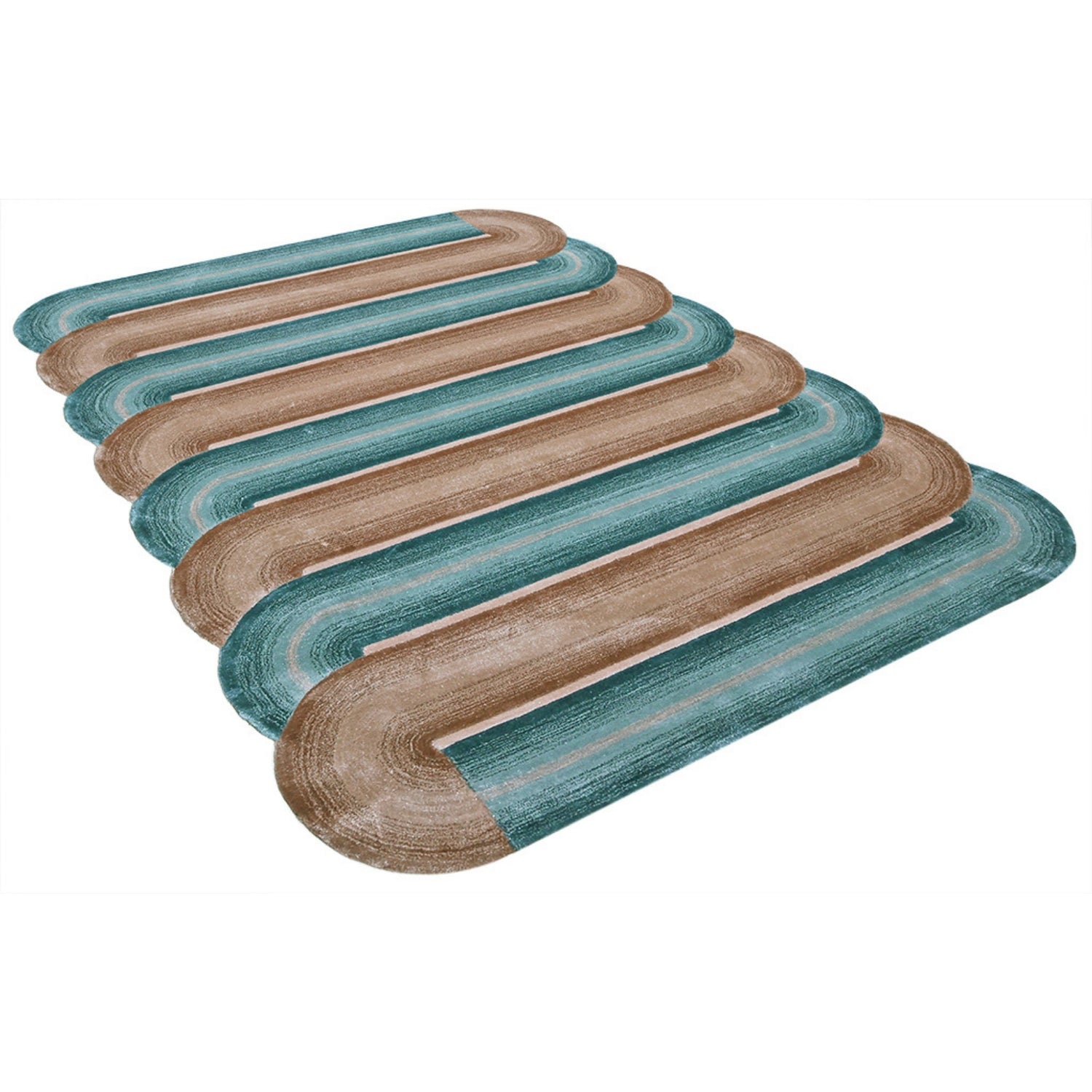 Handmade Wool Rug Tuft Weaving, Sustainable Contemporary Carpet, Brown &amp; Green Bands, Irregular Shape, Custom Made On-Demand in Turkiye_ETUGENE_Geo-006-D-Horizontal