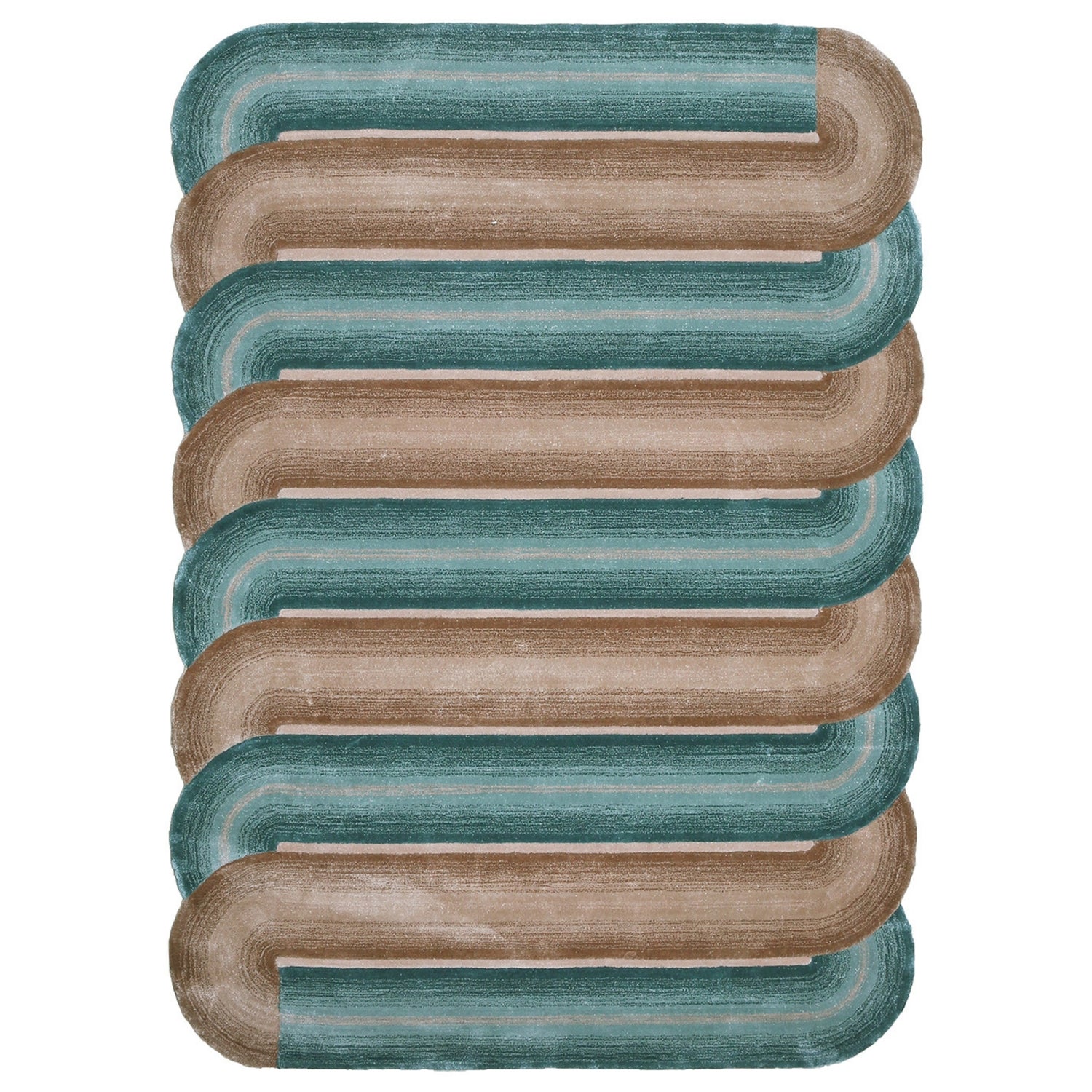 Handmade Wool Rug Tuft Weaving, Sustainable Contemporary Carpet, Brown &amp; Green Bands, Irregular Shape, Custom Made On-Demand in Turkiye_ETUGENE_Geo-006-D