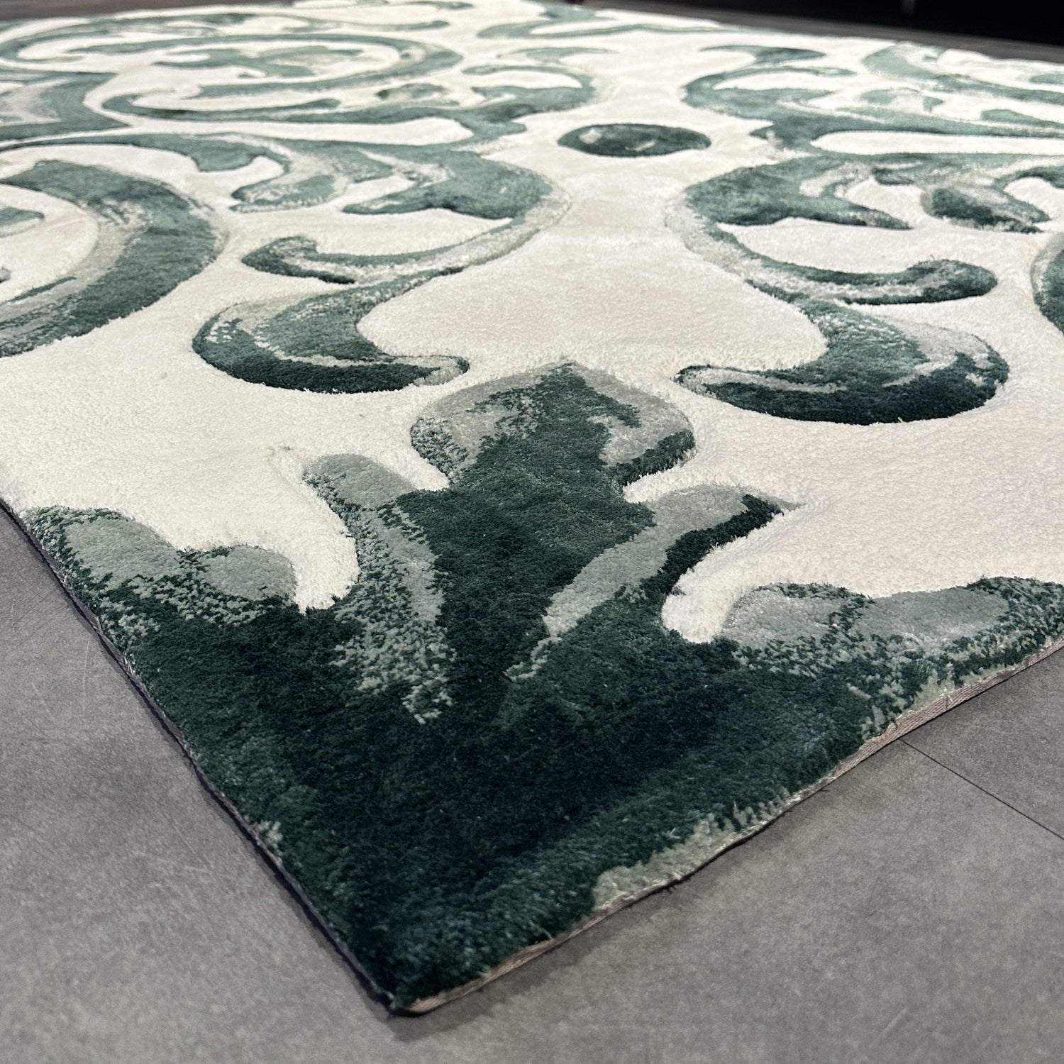 Handmade Wool Rug Tuft Weaving, Sustainable Contemporary Carpet, Green Baroque Design, Rectangular Shape, Custom Made On-Demand in Turkiye_ETUGENE_Mallorca-001-GD-Home