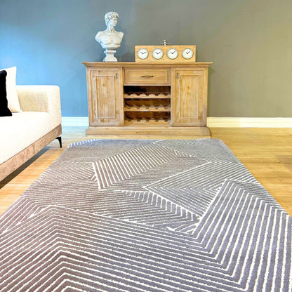 Handmade Wool Rug Tuft Weaving, Sustainable Contemporary Carpet, Grey &amp; White, Rectangular Shape, Custom Made On-Demand in Turkiye_ETUGENE_Trace-004-B-Home