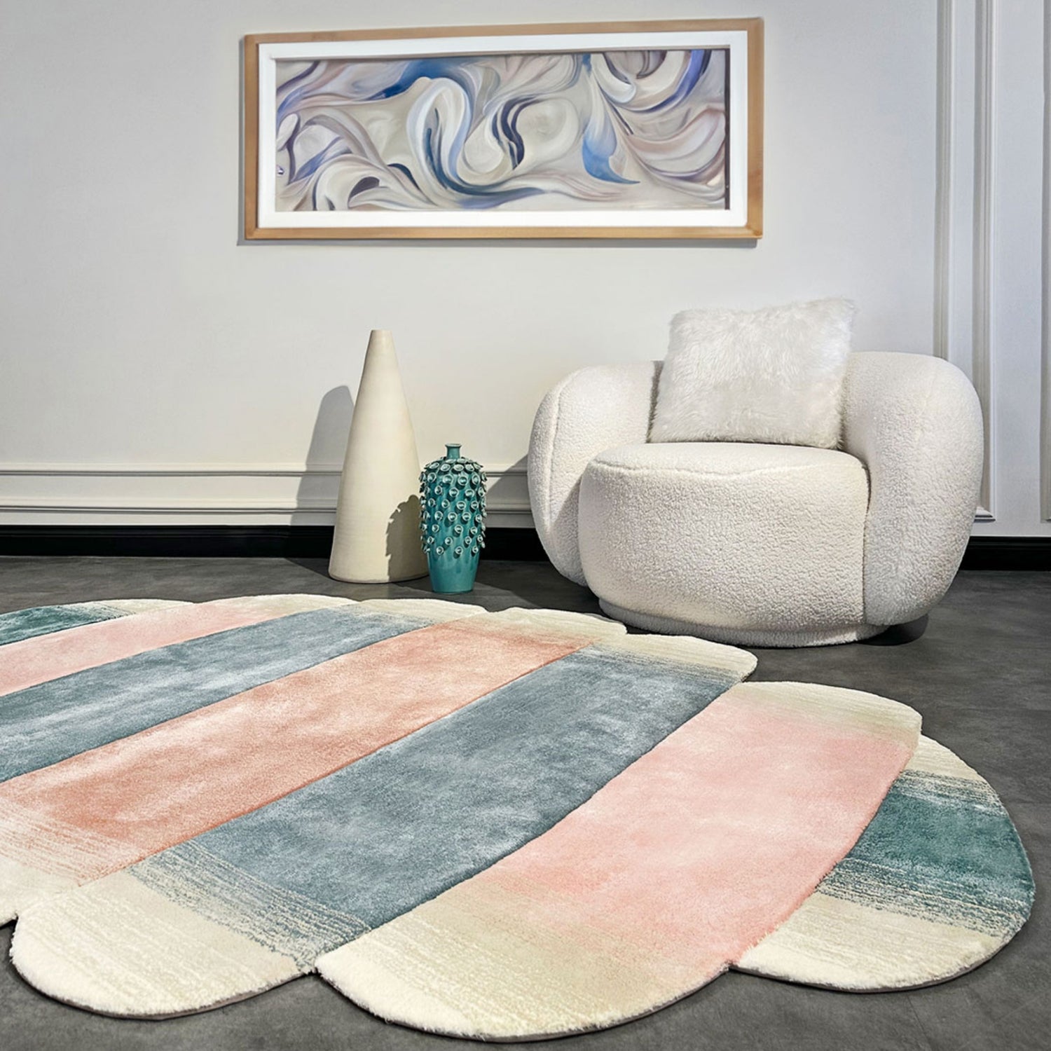Handmade Wool Rug Tuft Weaving, Sustainable Contemporary Carpet, Marshmallow, Round Shape, Custom Made On-Demand in Turkiye_ETUGENE_Marshmallow-001-M-LivingRoom
