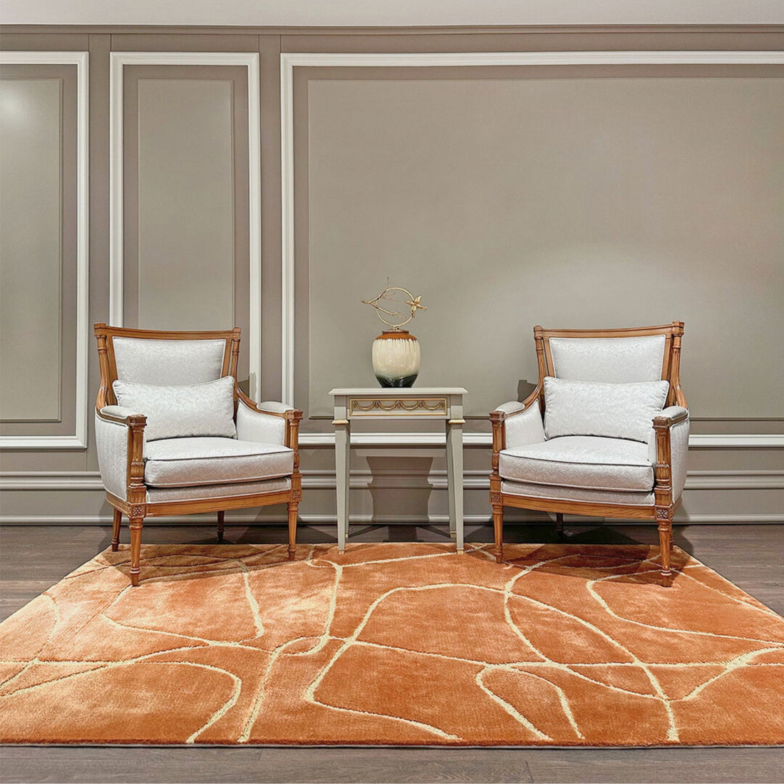 Handmade Wool Rug Tuft Weaving, Sustainable Contemporary Carpet, Shinny Curve Orange Design, Rectangular Shape, Custom Made On-Demand in Turkiye_ETUGENE_Shinny-004-E-Home