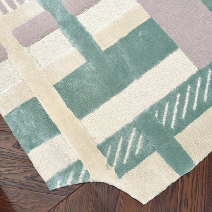 Handmade Wool Rug Tuft Weaving, Sustainable Contemporary Carpet, Stripes and Lines, Rectangular Shape, Custom Made On-Demand in Turkiye_ETUGENE_Plaid-001-GR-Floor