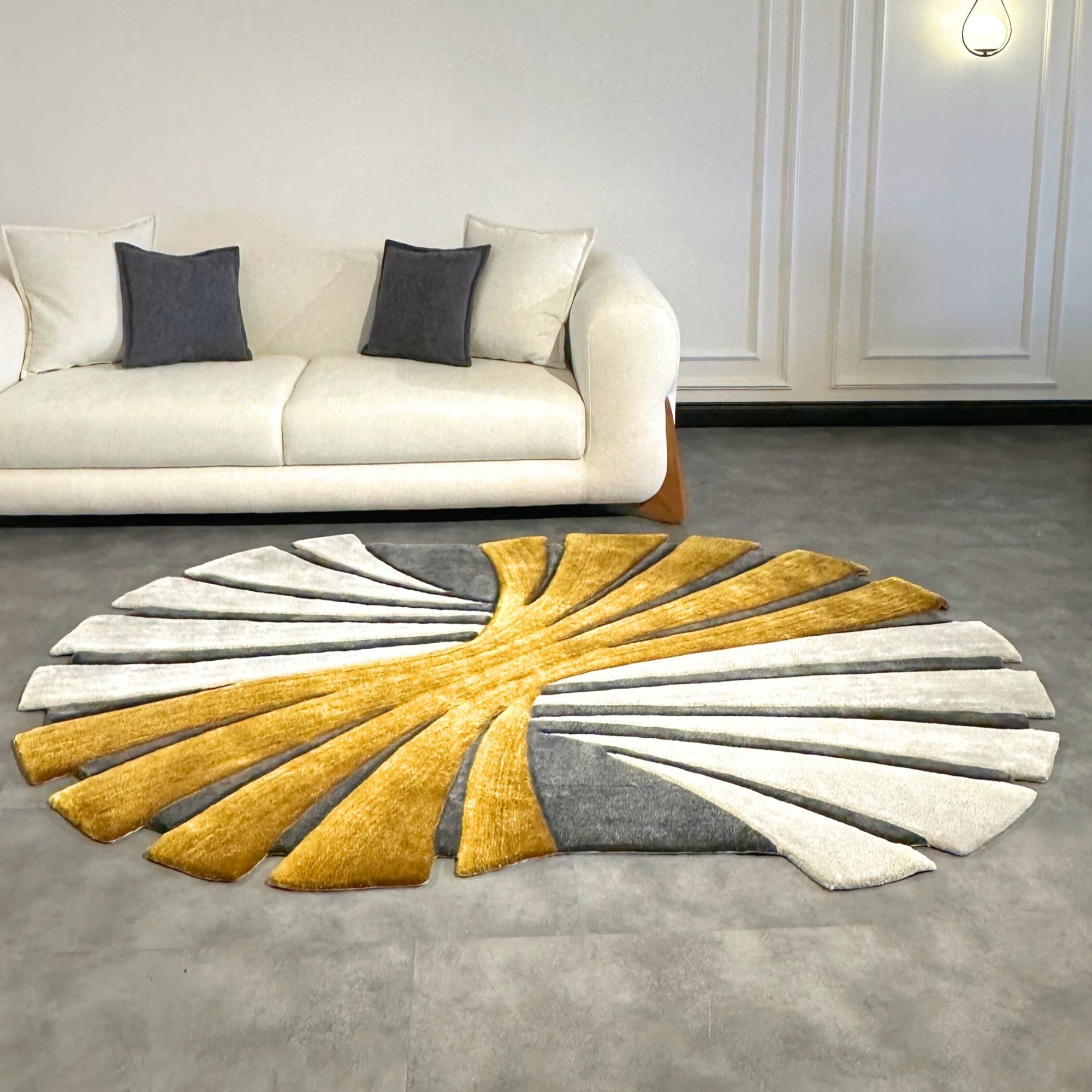 Handmade Wool Rug Tuft Weaving, Sustainable Contemporary Carpet, White Brown Pleat Design, Irregular Shape, Custom Made On-Demand in Turkiye_ETUGENE_Pleat-002-F-Home