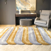 Handmade Wool Rug Tuft Weaving, Sustainable Contemporary Carpet, Yellow & Grey Bands, Irregular Shape, Custom Made On-Demand in Turkiye_ETUGENE_Geo-006-F-Home