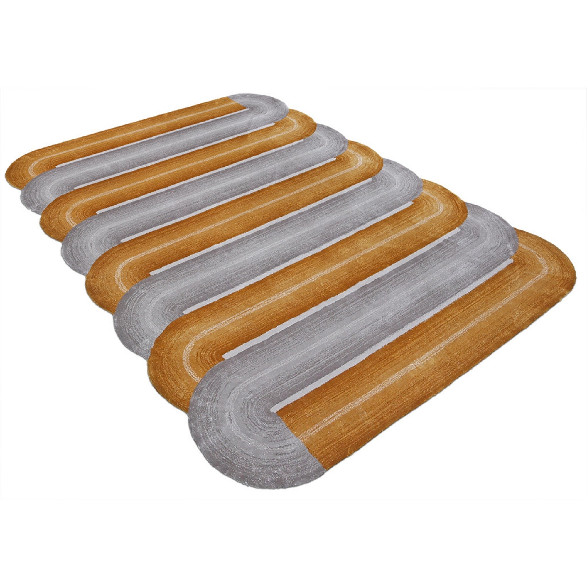 Handmade Wool Rug Tuft Weaving, Sustainable Contemporary Carpet, Yellow &amp; Grey Bands, Irregular Shape, Custom Made On-Demand in Turkiye_ETUGENE_Geo-006-F-Horizontal