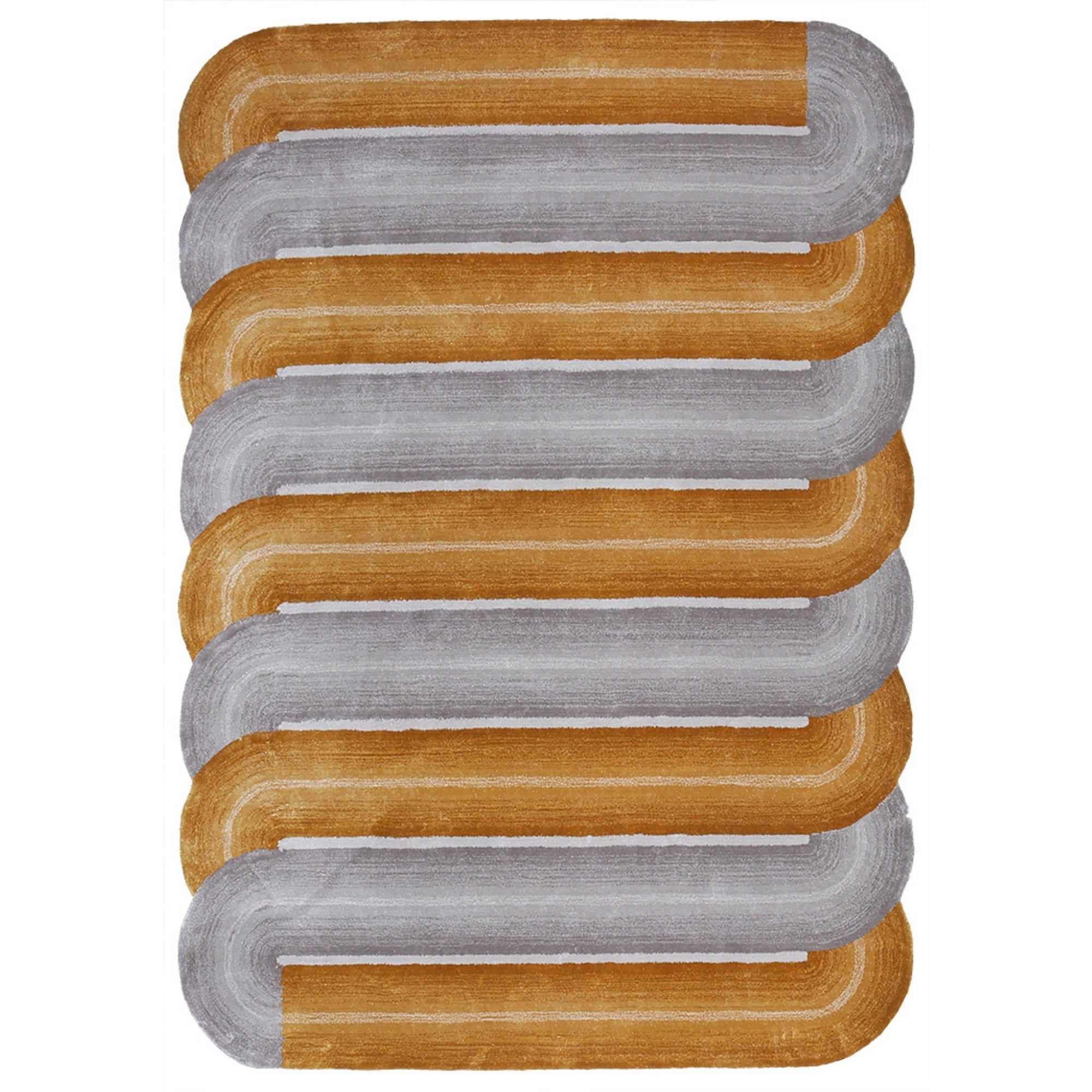 Handmade Wool Rug Tuft Weaving, Sustainable Contemporary Carpet, Yellow &amp; Grey Bands, Irregular Shape, Custom Made On-Demand in Turkiye_ETUGENE_Geo-006-F