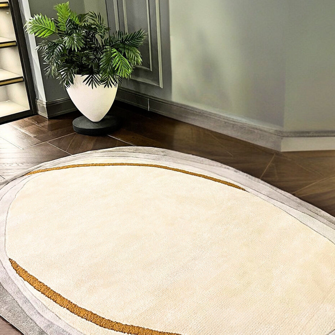 Handmade Wool Rug Tuft Weaving, Sustainable Contemporary Carpet, Yellow Minimalist Design, Oval Shape, Custom Made On-Demand in Turkiye_ETUGENE_Ovoid-001-F-Home