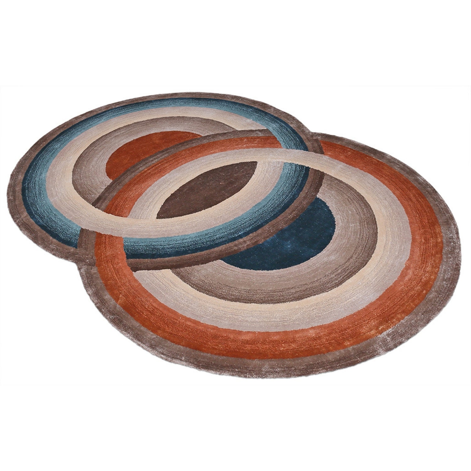 Handmade Wool Rug Tuft Weaving, Sustainable Contemporary Design Carpet, Biege, Brown, Orange, Blue Circles, Irregular Shape, Custom Made On-Demand in Turkiye_ETUGENE_Circle-002-N-Horizontal