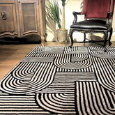 Handmade Wool Rug Tuft Weaving, Sustainable Contemporary Design Carpet, Black Geometric Lines, Rectangular Shape, Custom Made On-Demand in Turkiye_ETUGENE_Trace-003-Black-Home