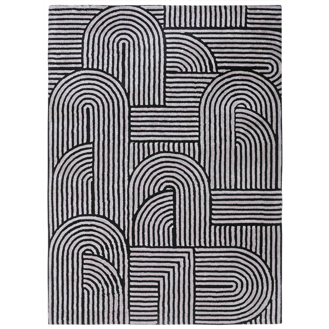 Handmade Wool Rug Tuft Weaving, Sustainable Contemporary Design Carpet, Black Geometric Lines, Rectangular Shape, Custom Made On-Demand in Turkiye_ETUGENE_Trace-003-Black