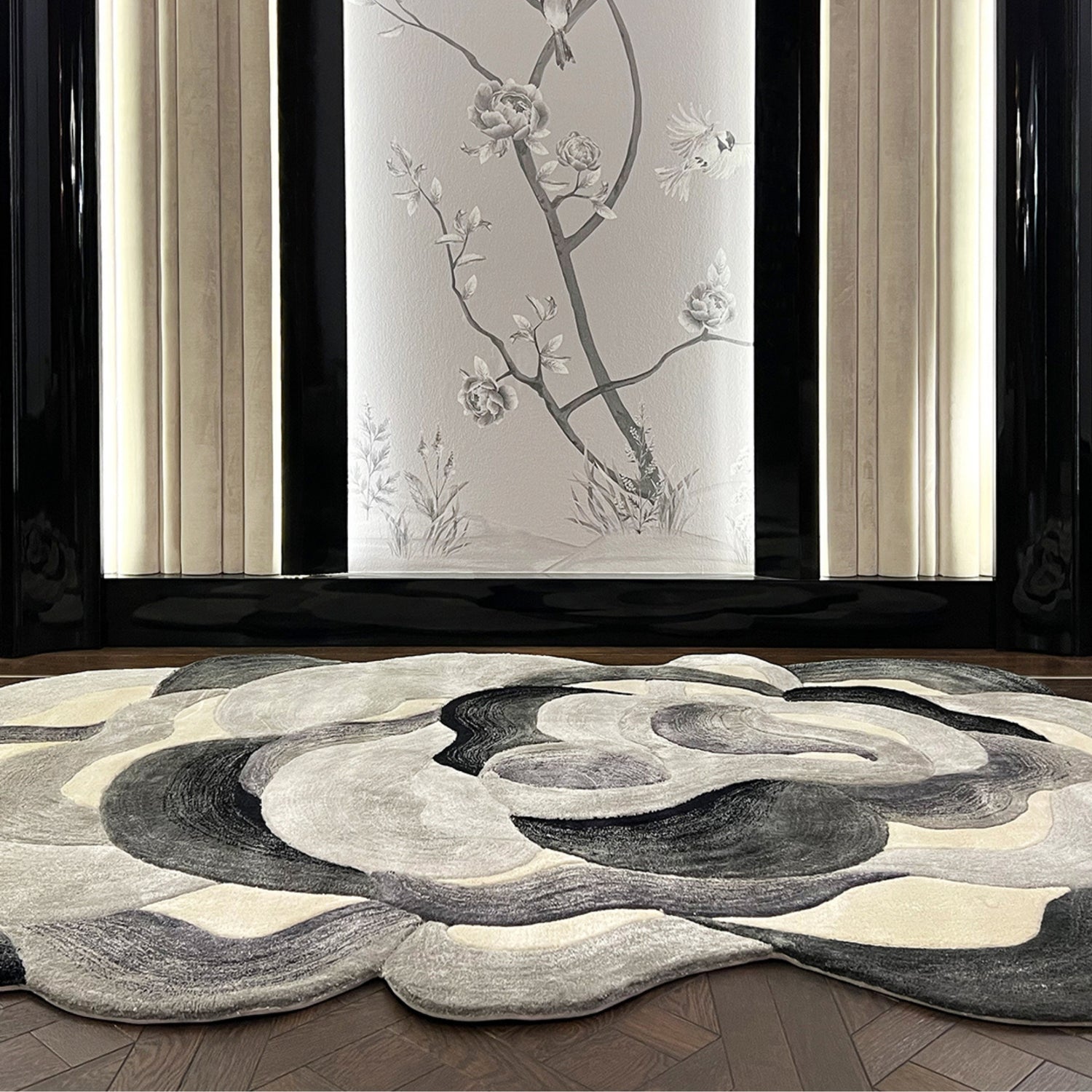 Handmade Wool Rug Tuft Weaving, Sustainable Contemporary Design Carpet, Black, Grey, White Colors, Irregular Shape, Custom Made On-Demand in Turkiye_ETUGENE_Cell-001-A-Home
