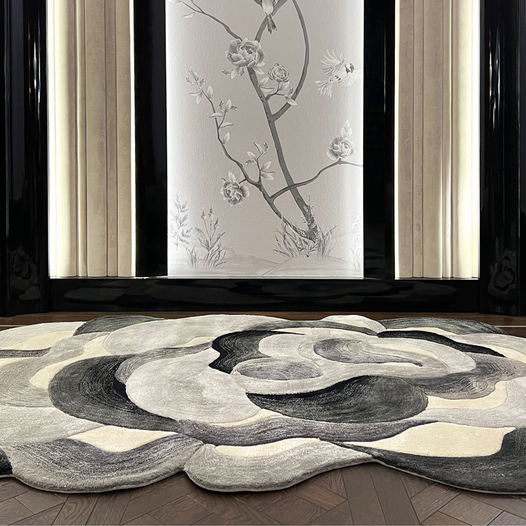 Handmade Wool Rug Tuft Weaving, Sustainable Contemporary Design Carpet, Black, Grey, White Colors, Irregular Shape, Custom Made On-Demand in Turkiye_ETUGENE_Cell-001-A-Home