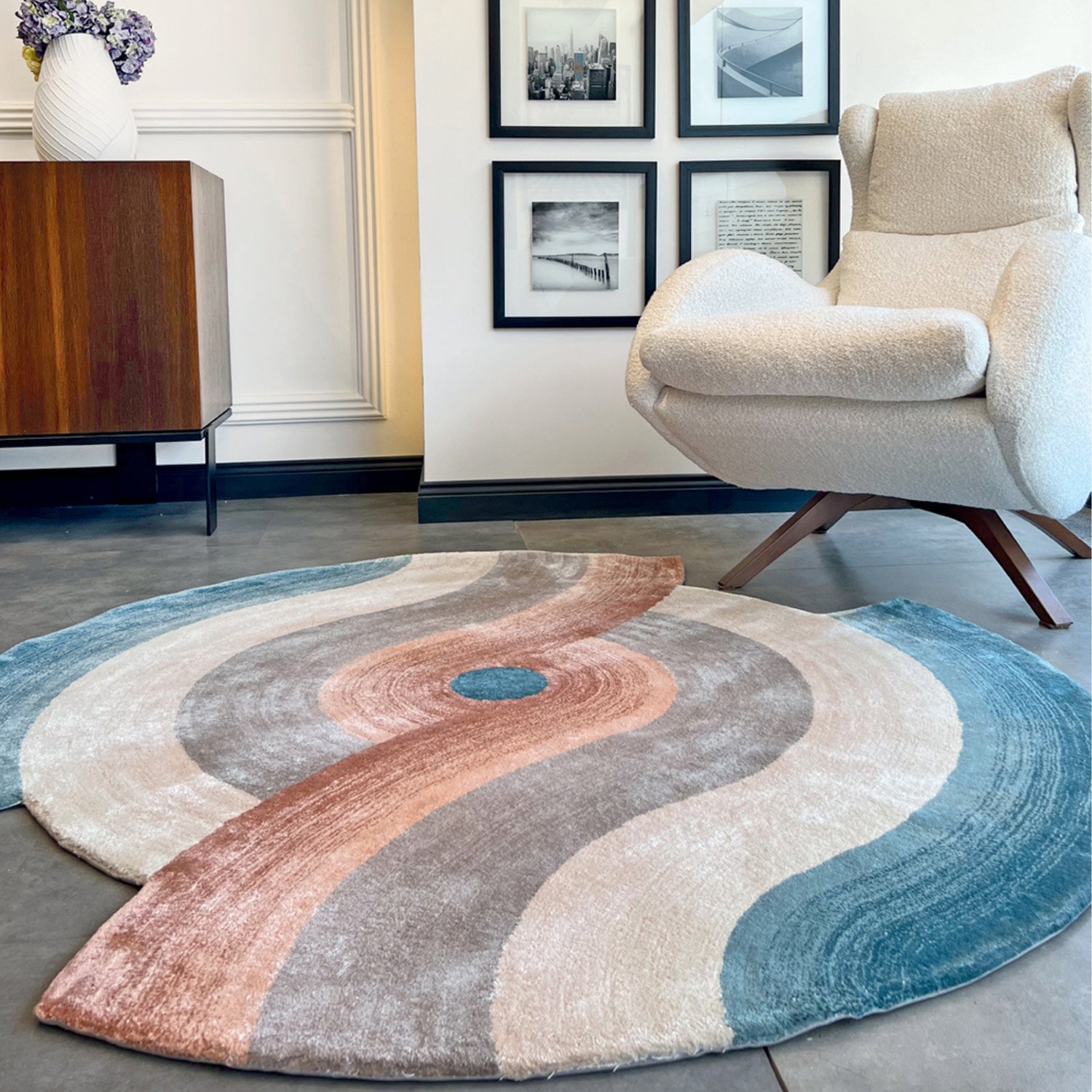Handmade Wool Rug Tuft Weaving, Sustainable Contemporary Design Carpet, Blue Beige Orange Colors, Irregular Shape, Custom Made On-Demand in Turkiye_ETUGENE_Circle-004-N-Home
