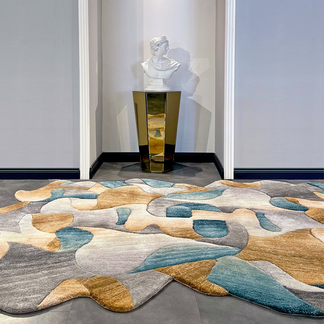 Handmade Wool Rug Tuft Weaving, Sustainable Contemporary Design Carpet, Blue Brown Grey Colors, Irregular Shape, Custom Made On-Demand in Turkiye_ETUGENE_Cell-002-T-Home