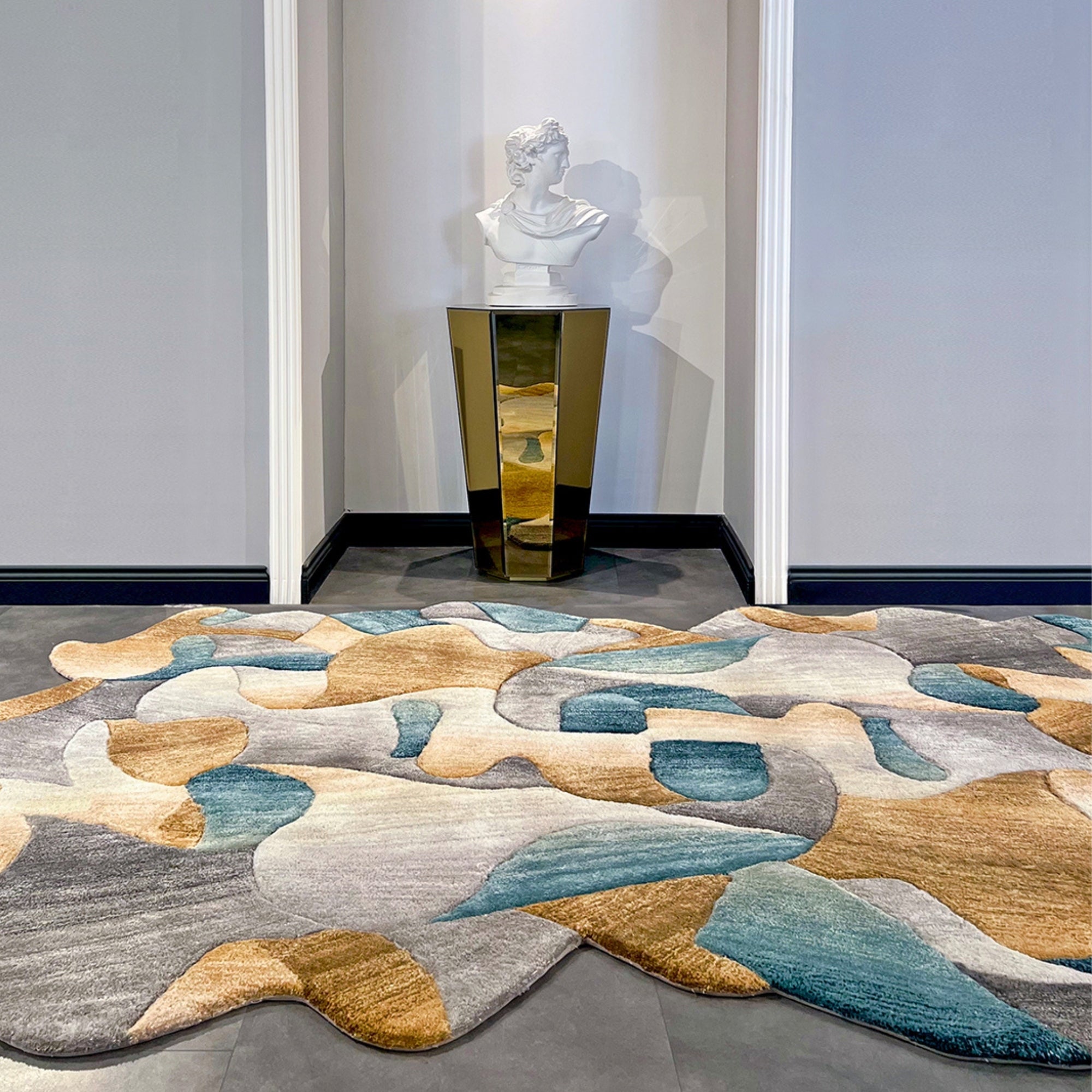 Handmade Wool Rug Tuft Weaving, Sustainable Contemporary Design Carpet, Blue Brown Grey Colors, Irregular Shape, Custom Made On-Demand in Turkiye_ETUGENE_Cell-002-T-Home