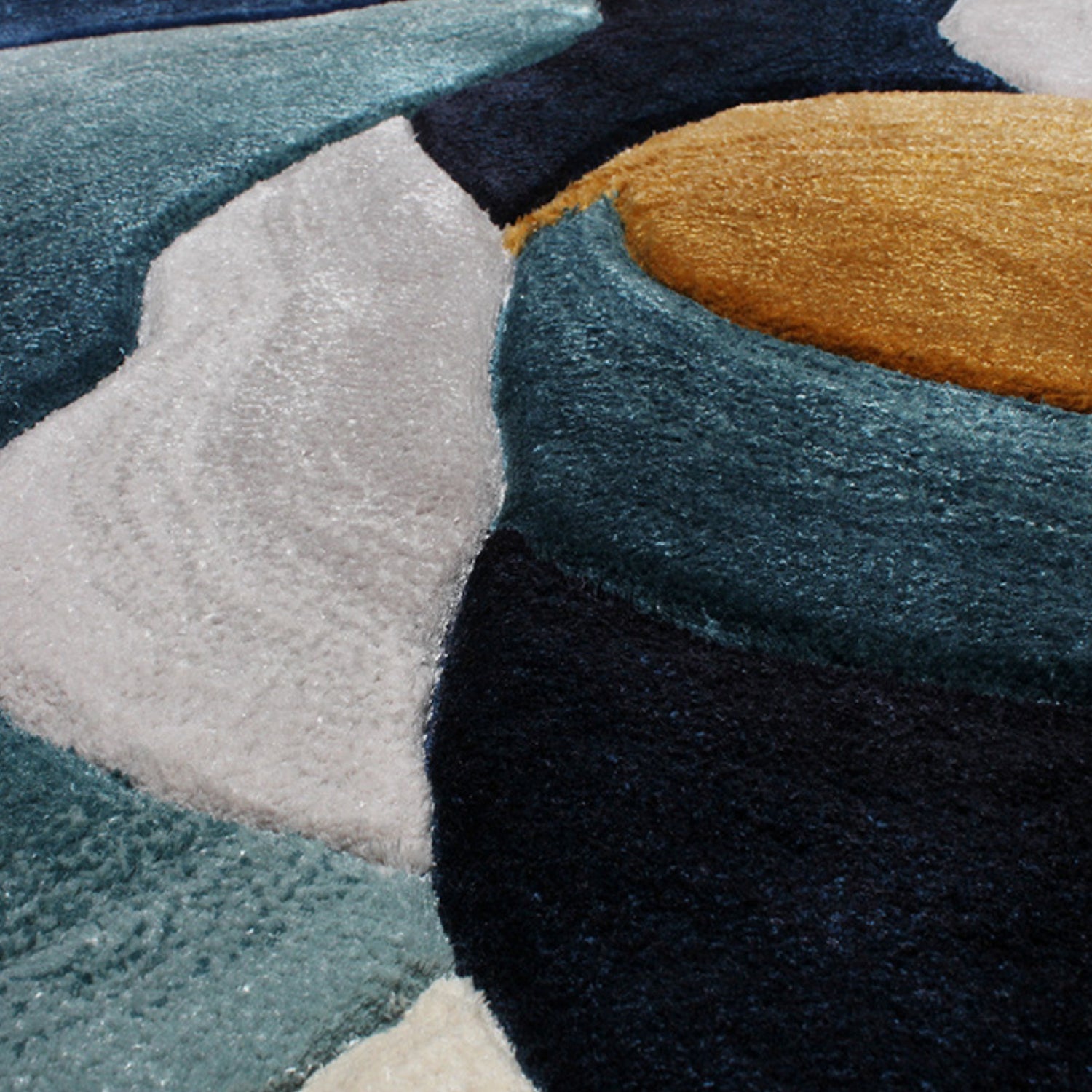 Handmade Wool Rug Tuft Weaving, Sustainable Contemporary Design Carpet, Blue Gold Grey White Colors, Irregular Shape, Custom Made On-Demand in Turkiye_ETUGENE_Cell-001-Y-Motif